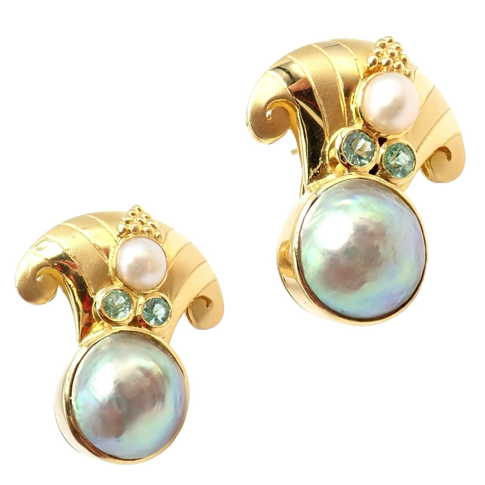 Rare! Vintage Paula Crevoshay 18k Gold Abalone Pearl Blue Gemstone Earrings OOAK | Fortrove