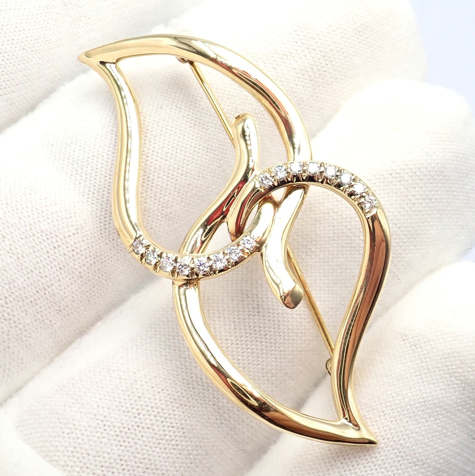 Authentic! Tiffany & Co 18k Yellow Gold Diamond Two Leaf Double Brooch Pin 1987 | Fortrove