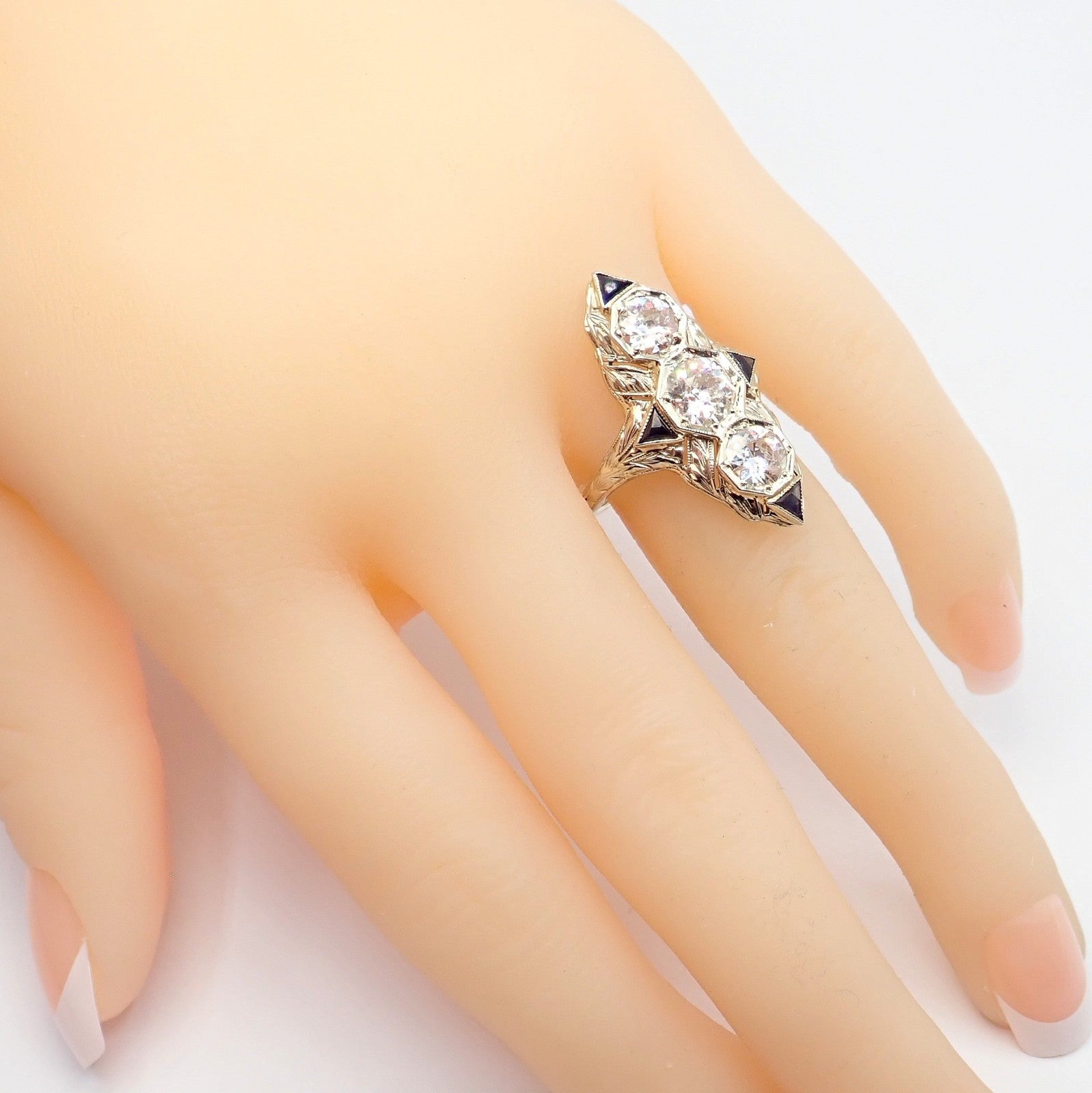 Vintage Estate 20k White Gold Diamond 2ctw Sapphire Art Deco Ring sz 7 | Fortrove