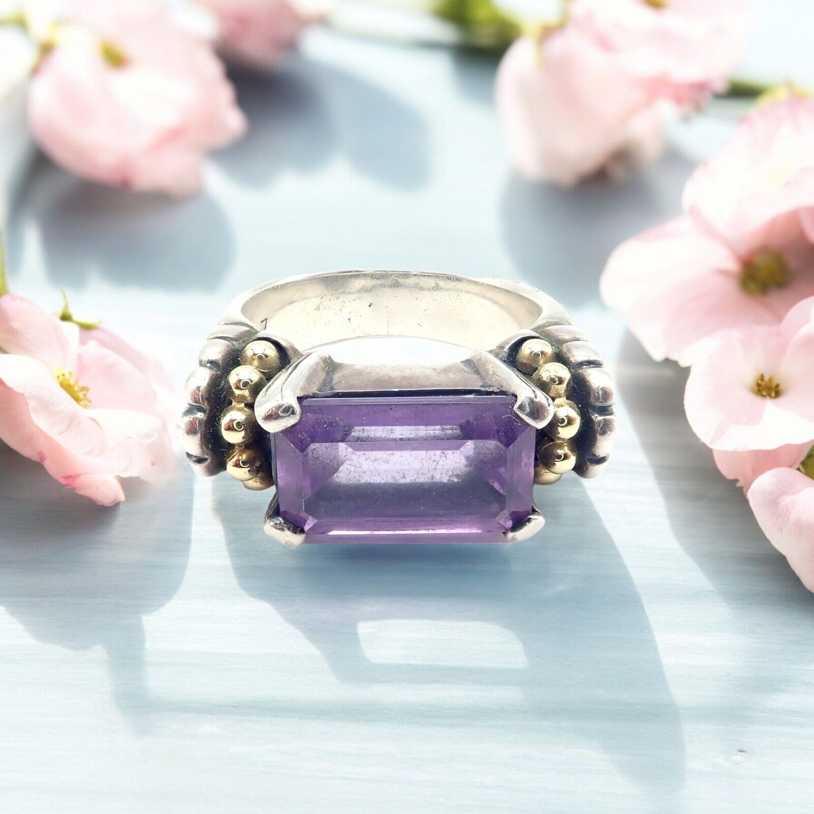 Authentic! Lagos Caviar Silver + 18k Yellow Gold Amethyst Ring | Fortrove
