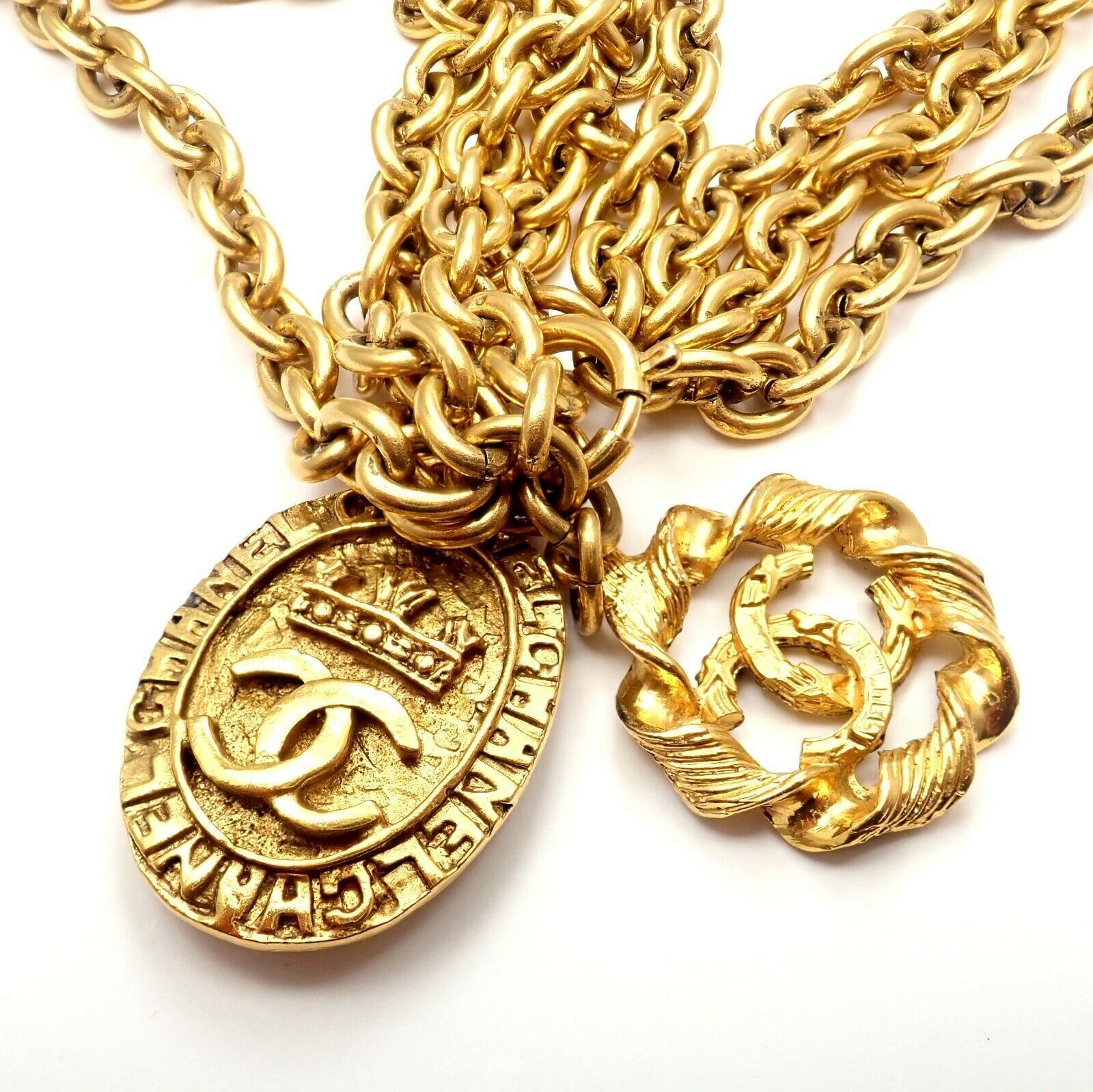 Chanel Jewelry & Watches:Fashion Jewelry:Necklaces & Pendants Amazing Authentic Chanel Gold Tone 3 Row Draped Clasp Belt Necklace 34"