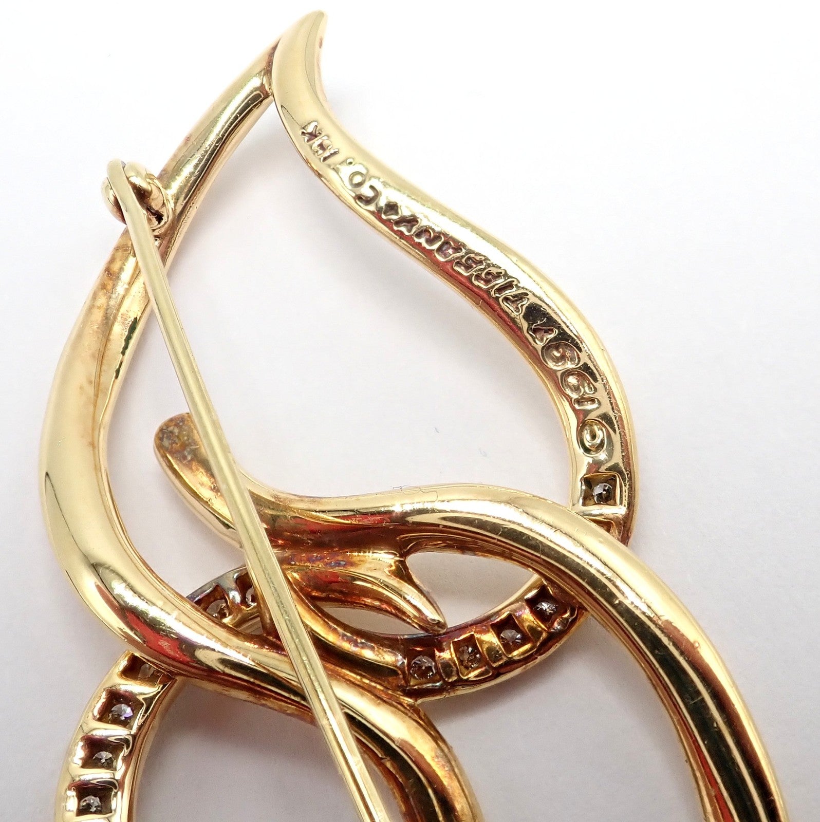 Authentic! Tiffany & Co 18k Yellow Gold Diamond Two Leaf Double Brooch Pin 1987 | Fortrove