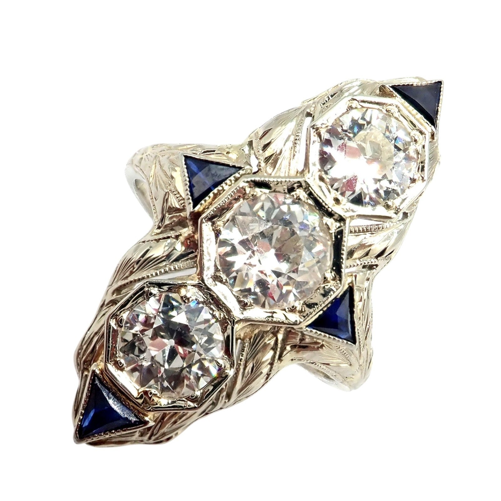 Vintage Estate 20k White Gold Diamond 2ctw Sapphire Art Deco Ring sz 7 | Fortrove