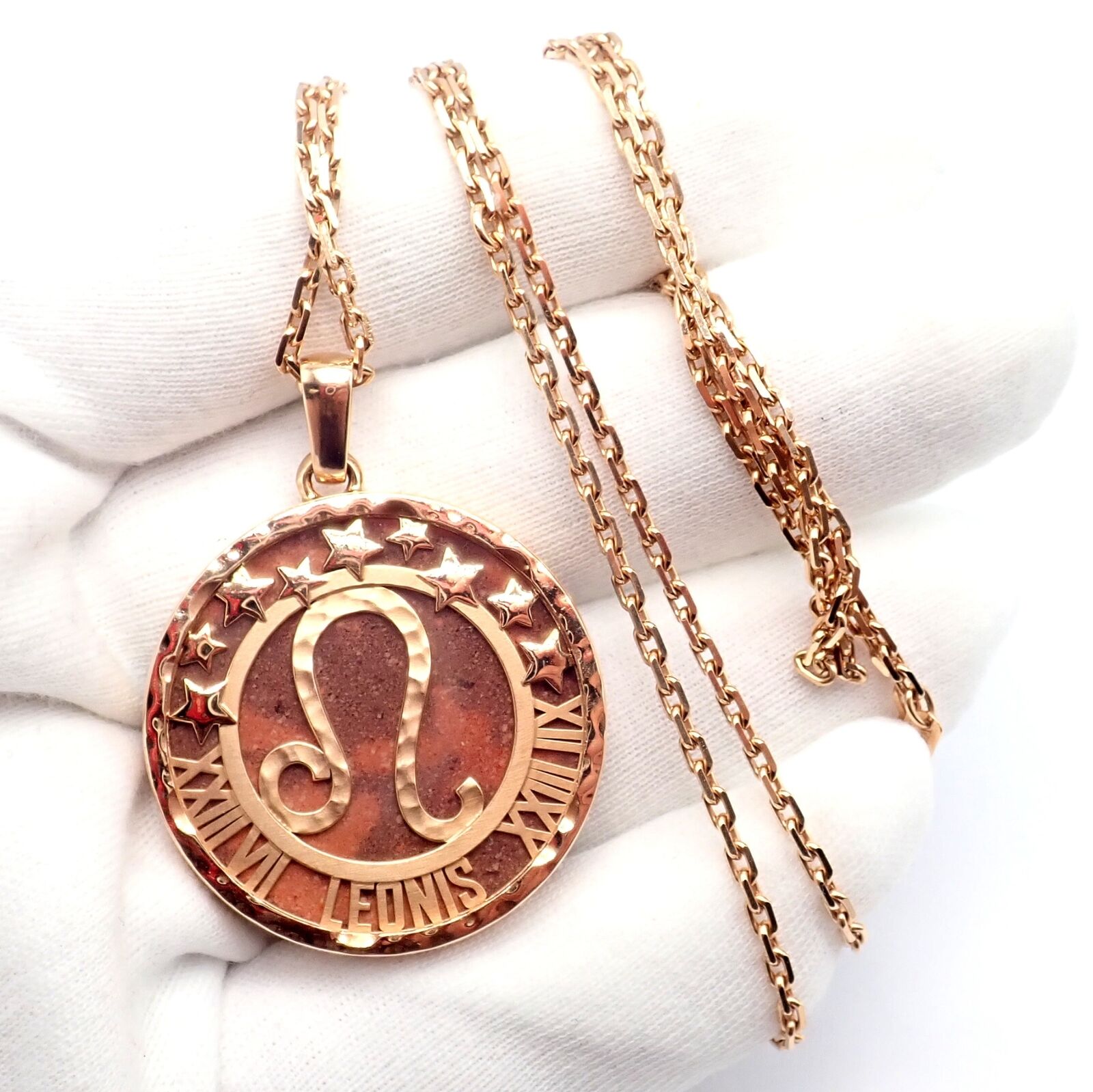 Van Cleef & Arpels Zodiaque 18k Rose Gold Leo Pendant Red Jasper Necklace + Cert | Fortrove