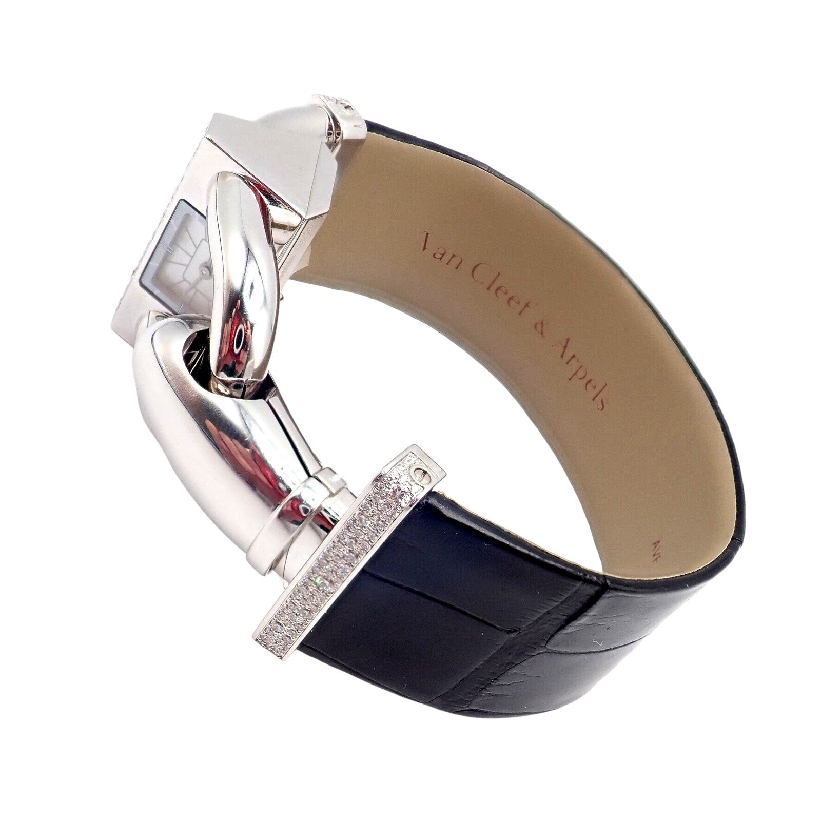Authentic! Van Cleef & Arpels 18K White Gold Diamond Cadenas Alligator Watch | Fortrove