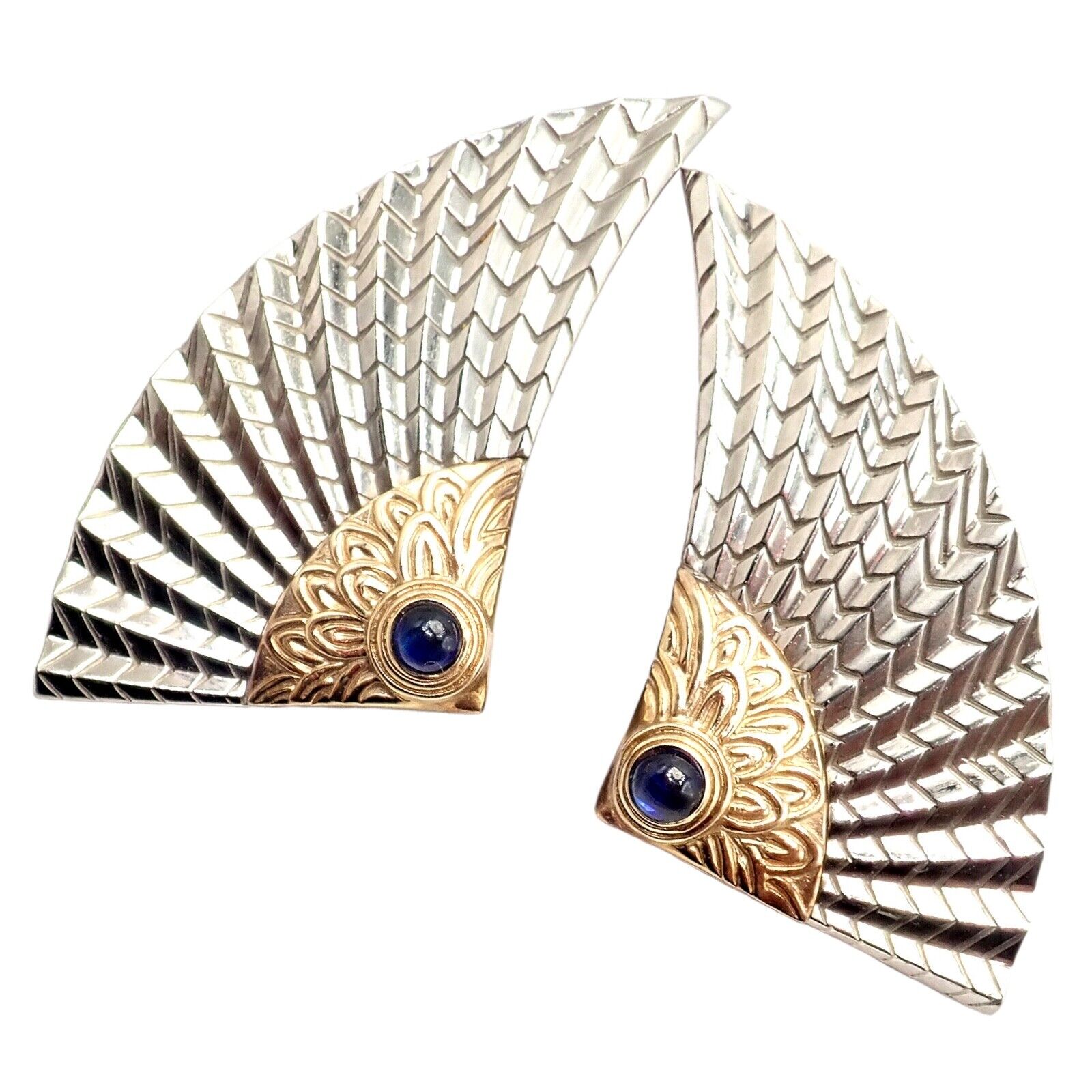 Rare! Erte CFA 14k Yellow Gold + Silver Nile Large Fan Sapphire Earrings | Fortrove