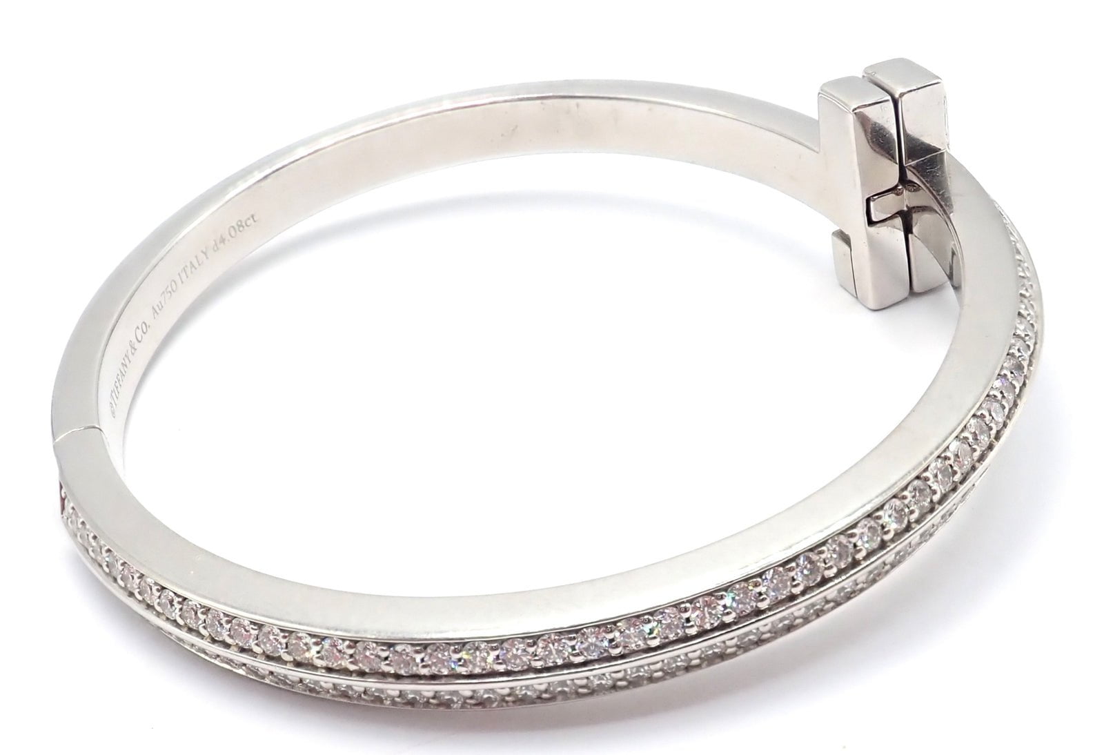 Authentic! Tiffany & Co 18k White Gold Diamond T1 Wide Hinged Bangle Bracelet | Fortrove