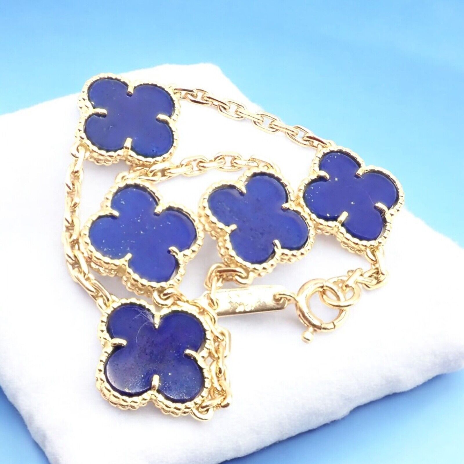 Authentic! Van Cleef & Arpels 18k Gold 5 Motif Alhambra Lapis Bracelet Paper | Fortrove
