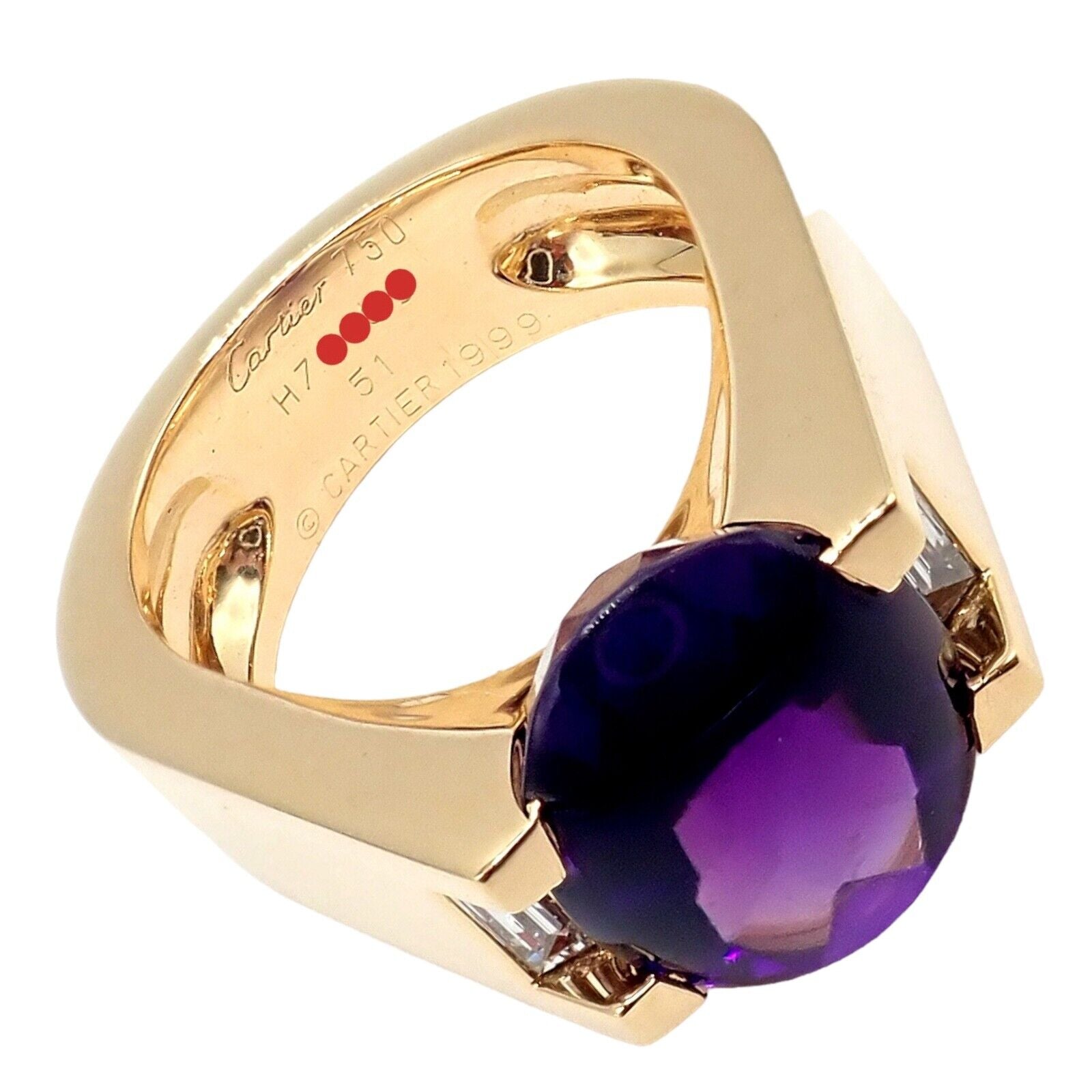 Authentic! Cartier Tankissi 18k Yellow Gold Diamond Large Amethyst Ring | Fortrove