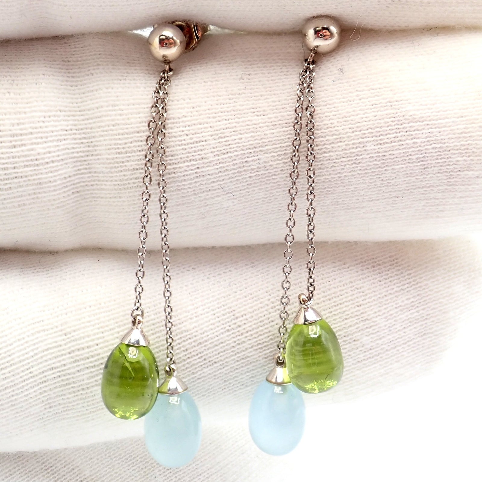 Authentic! Tiffany & Co 18k White Gold Rainbow Drop Peridot Chalcedony Earrings | Fortrove
