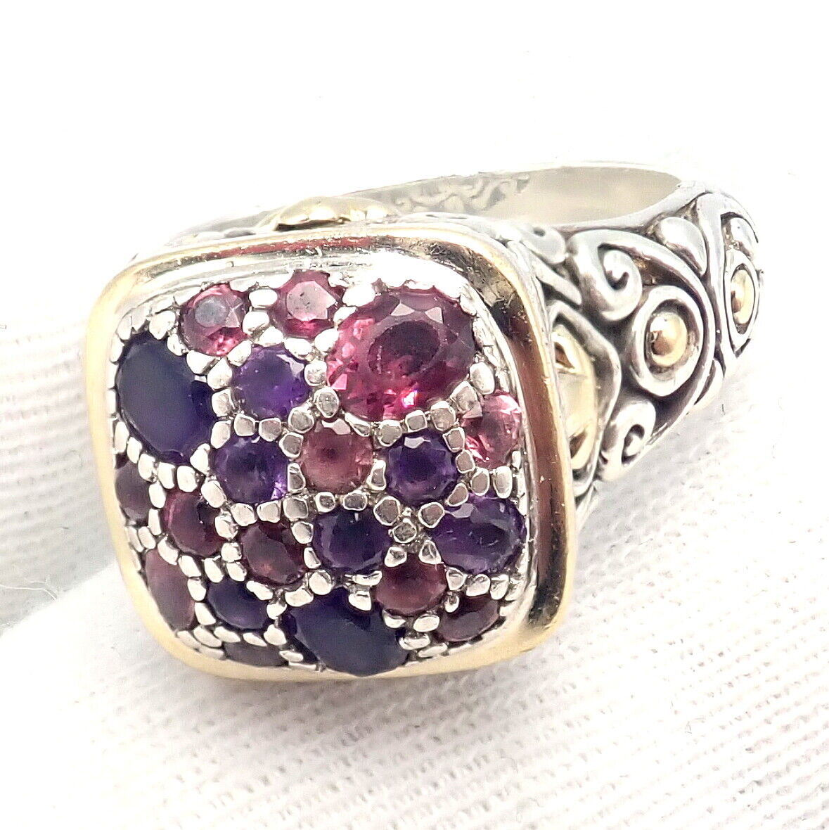 John Hardy JH Silver 18k Yellow Gold Classic Lava Fire Amethyst Tourmaline Ring | Fortrove