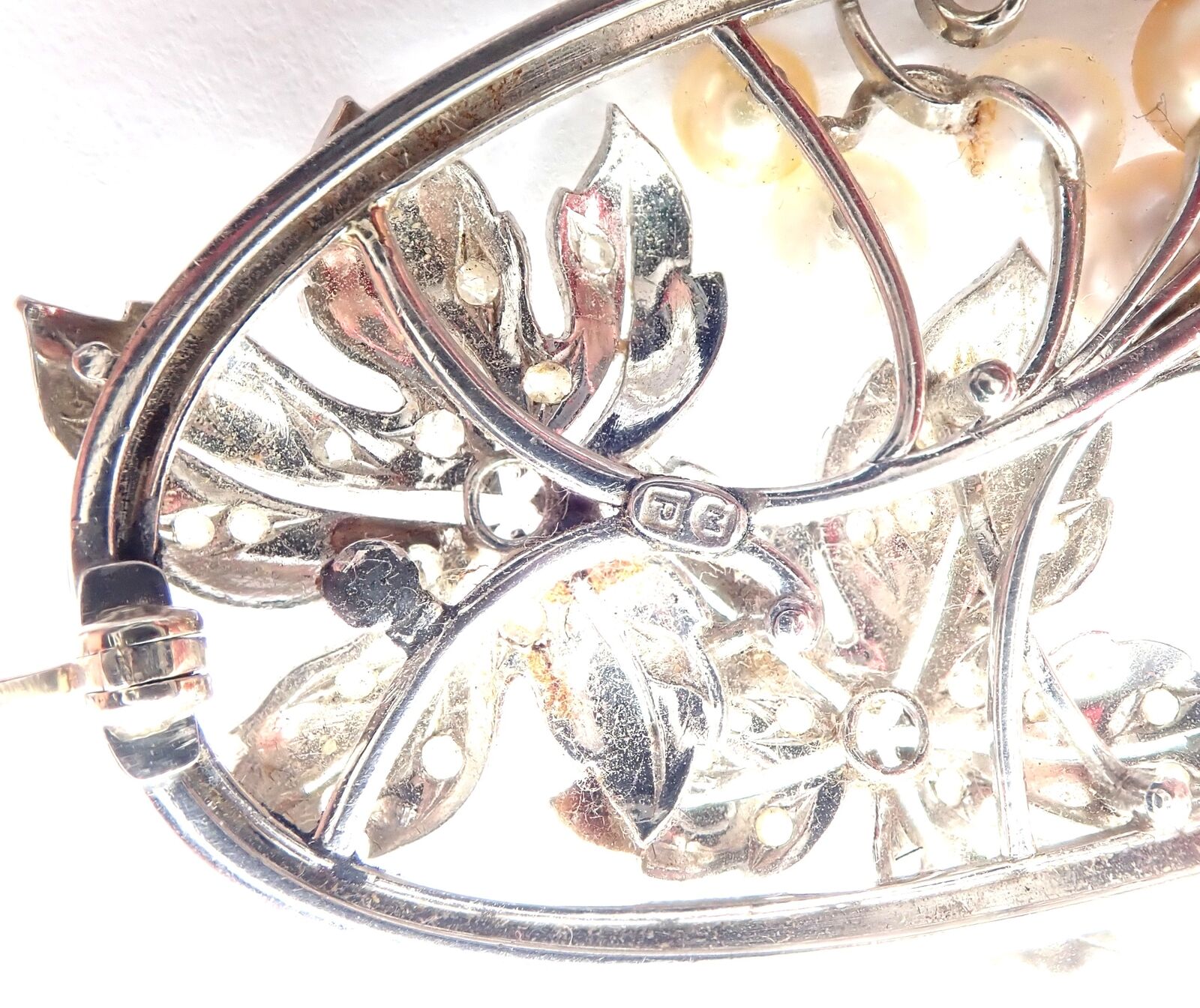 Vintage! Authentic Mikimoto 14k White Gold Diamond Pearl Brooch Pin | Fortrove