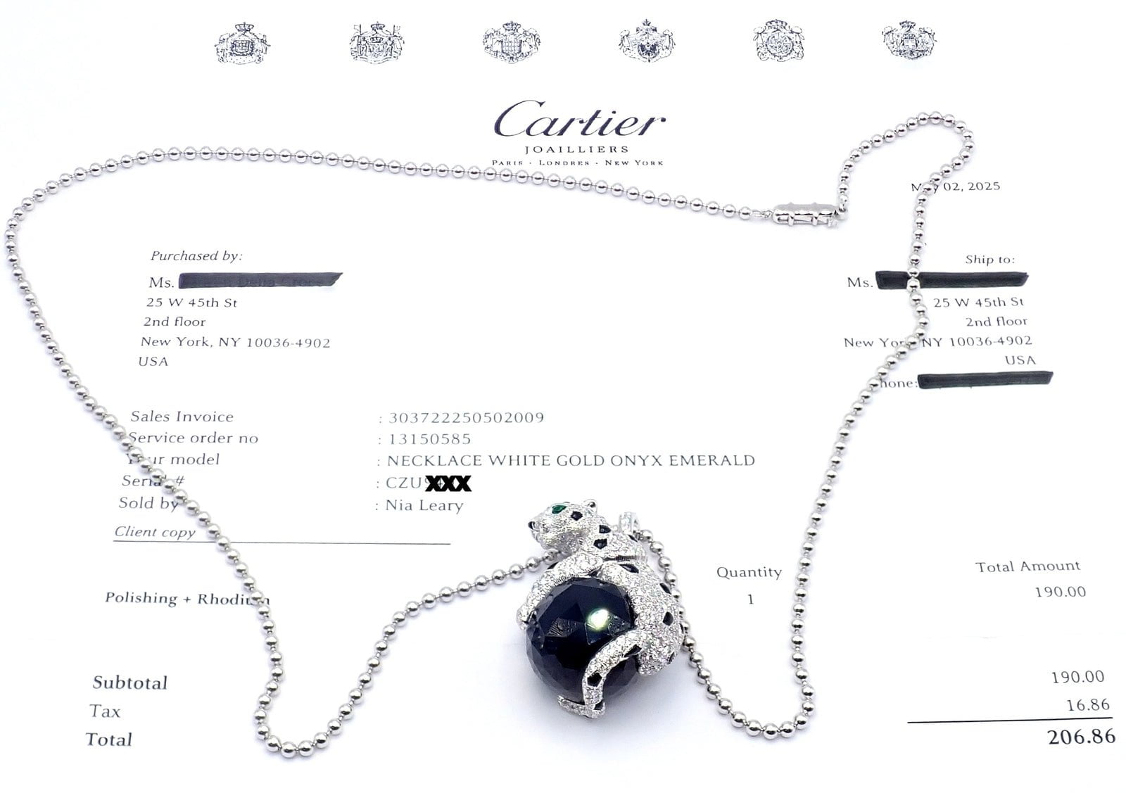 Panthere de Cartier Panther 18k Gold Diamond Emerald Onyx Pendant Necklace Paper | Fortrove