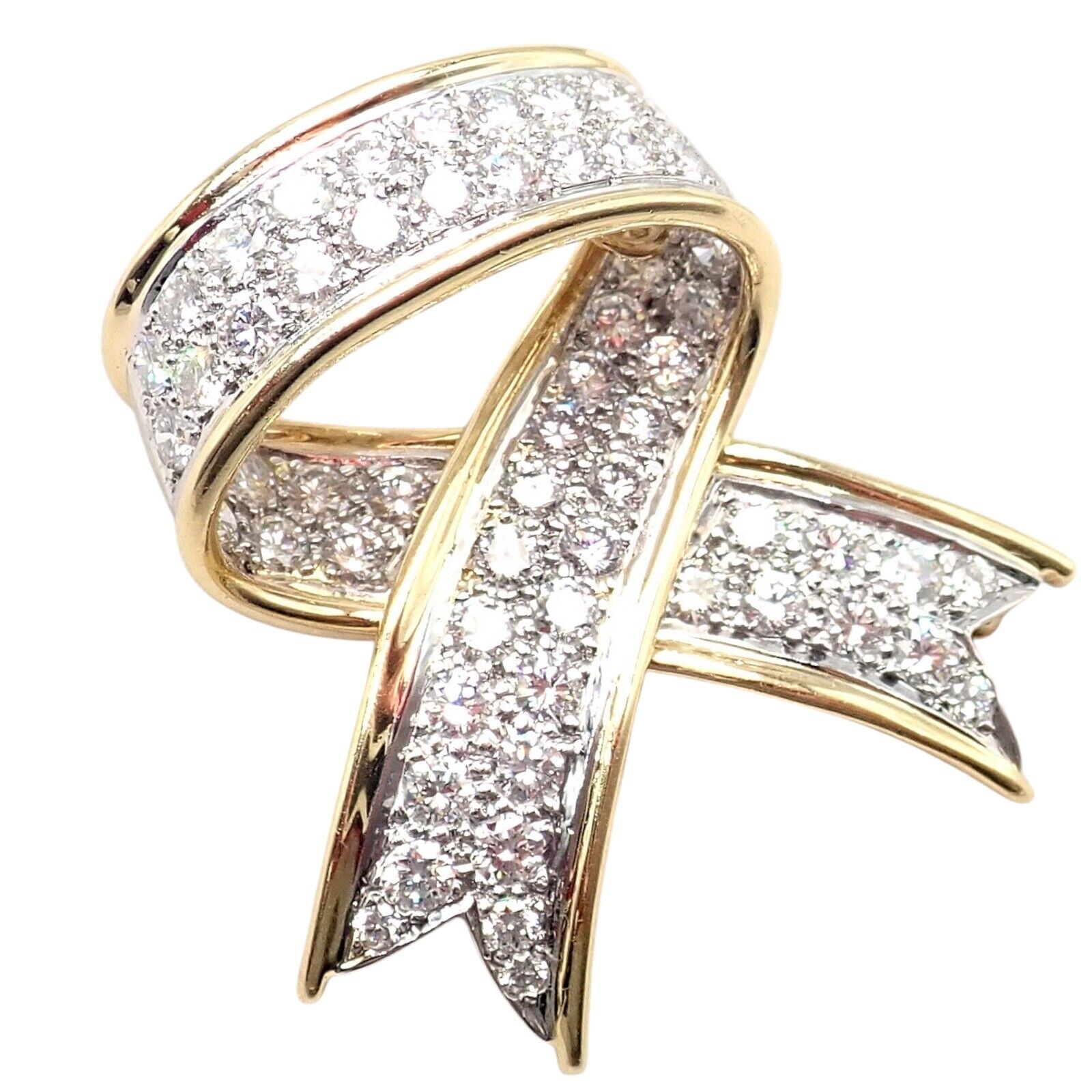 Vintage! Tiffany & Co 18k Yellow Gold Platinum Diamond Ribbon Bow Pin Brooch | Fortrove