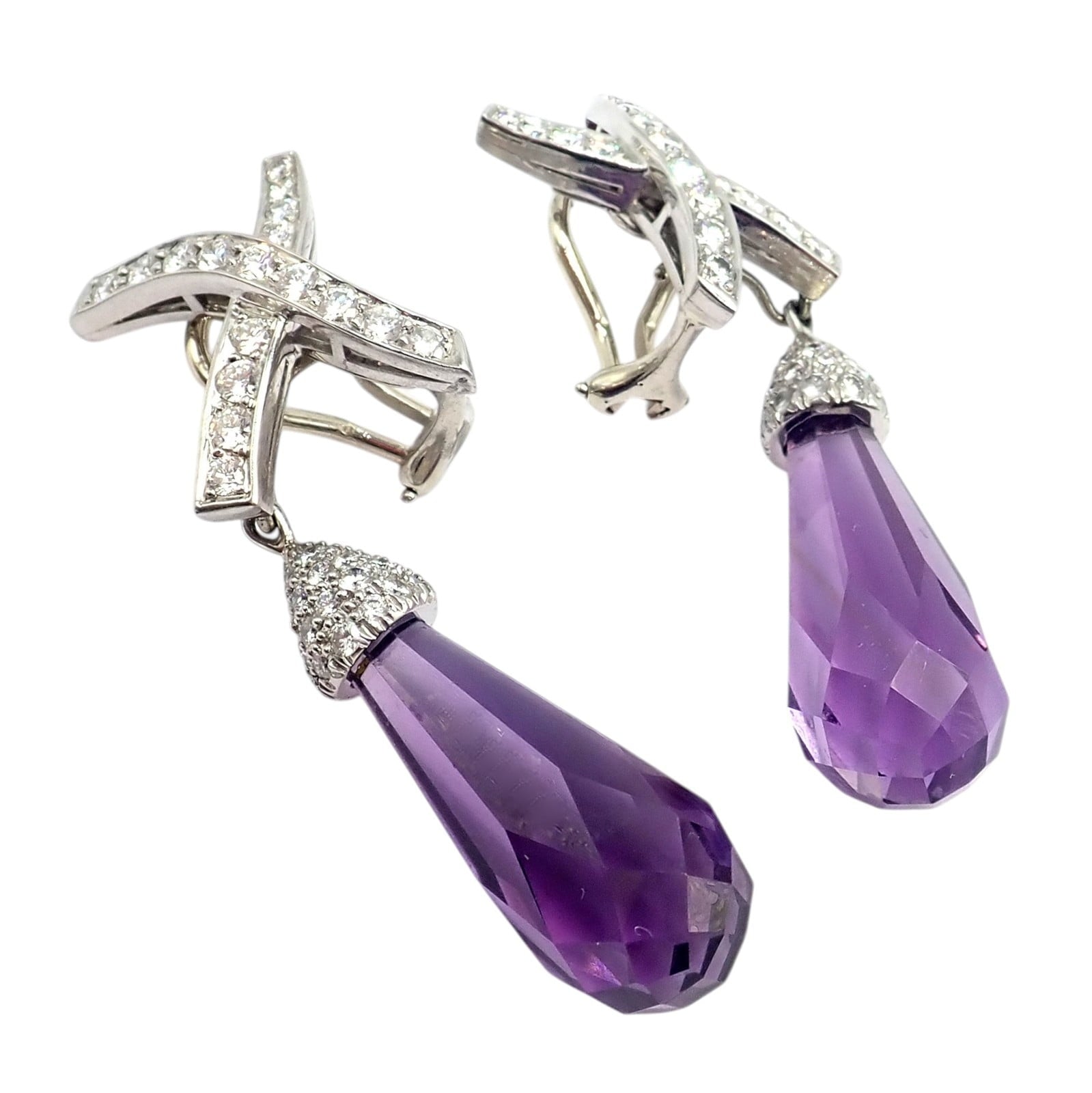 Tiffany & Co Picasso Platinum X Drop Diamond Amethyst Night + Day Earrings 1985 | Fortrove