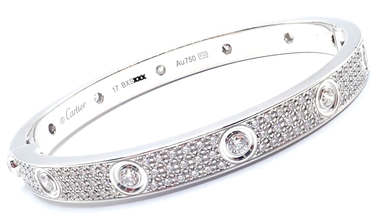 Authentic! Cartier Love 18k White Gold Diamond Pave Bangle Bracelet Sz 17 Paper | Fortrove