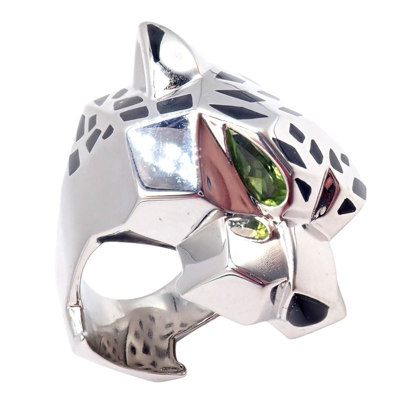 Cartier Panther Panthere 18k White Gold Peridot Onyx Lacquer Large Ring Cert | Fortrove