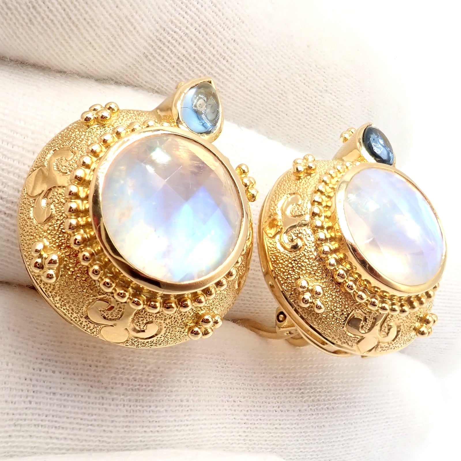Rare! Vintage Paula Crevoshay 18k Gold Aquamarine Moonstone Round Earrings OOAK | Fortrove