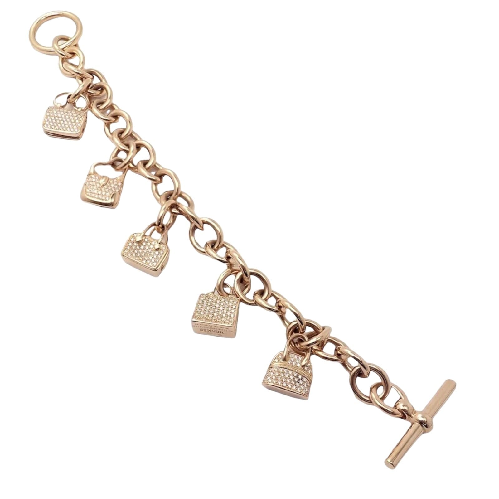 Hermes Jewelry & Watches:Fine Jewelry:Bracelets & Charms Authentic! Hermes 18k Rose Gold Diamond Signature Iconic Bag Charm Link Bracelet