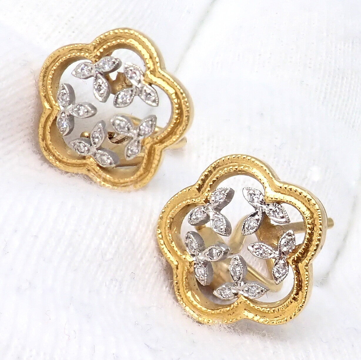Cathy Waterman Jewelry & Watches:Fine Jewelry:Earrings Authentic! Cathy Waterman 22k Yellow Gold Platinum Diamond Vine Flower Earrings