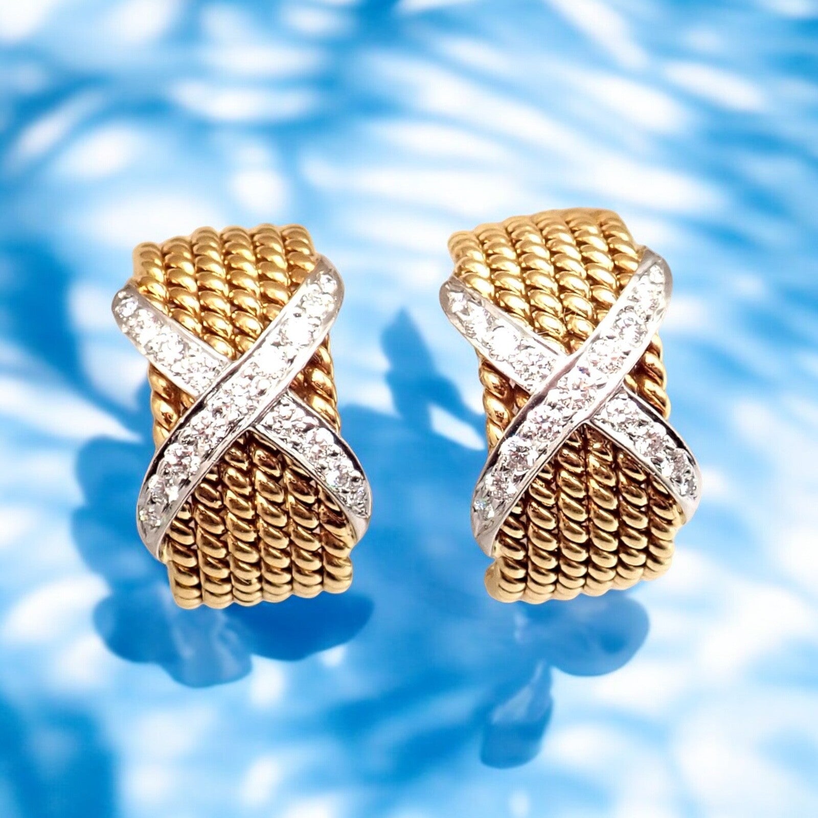 Tiffany & Co Schlumberger 18k Yellow Gold Platinum Diamond 6 Row Rope X Earrings | Fortrove