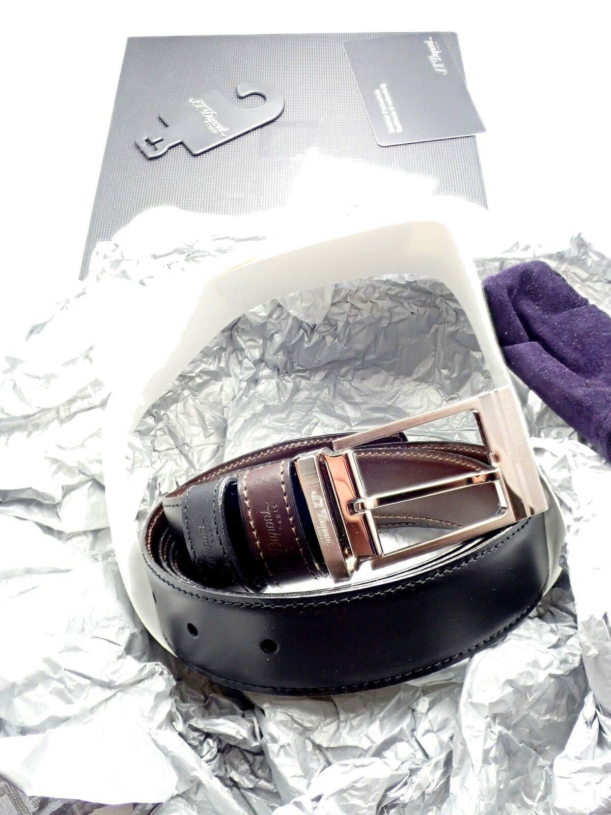 Authentic S. T. Dupont Black Leather Palladium Belt w/ Box + Card 47" | Fortrove