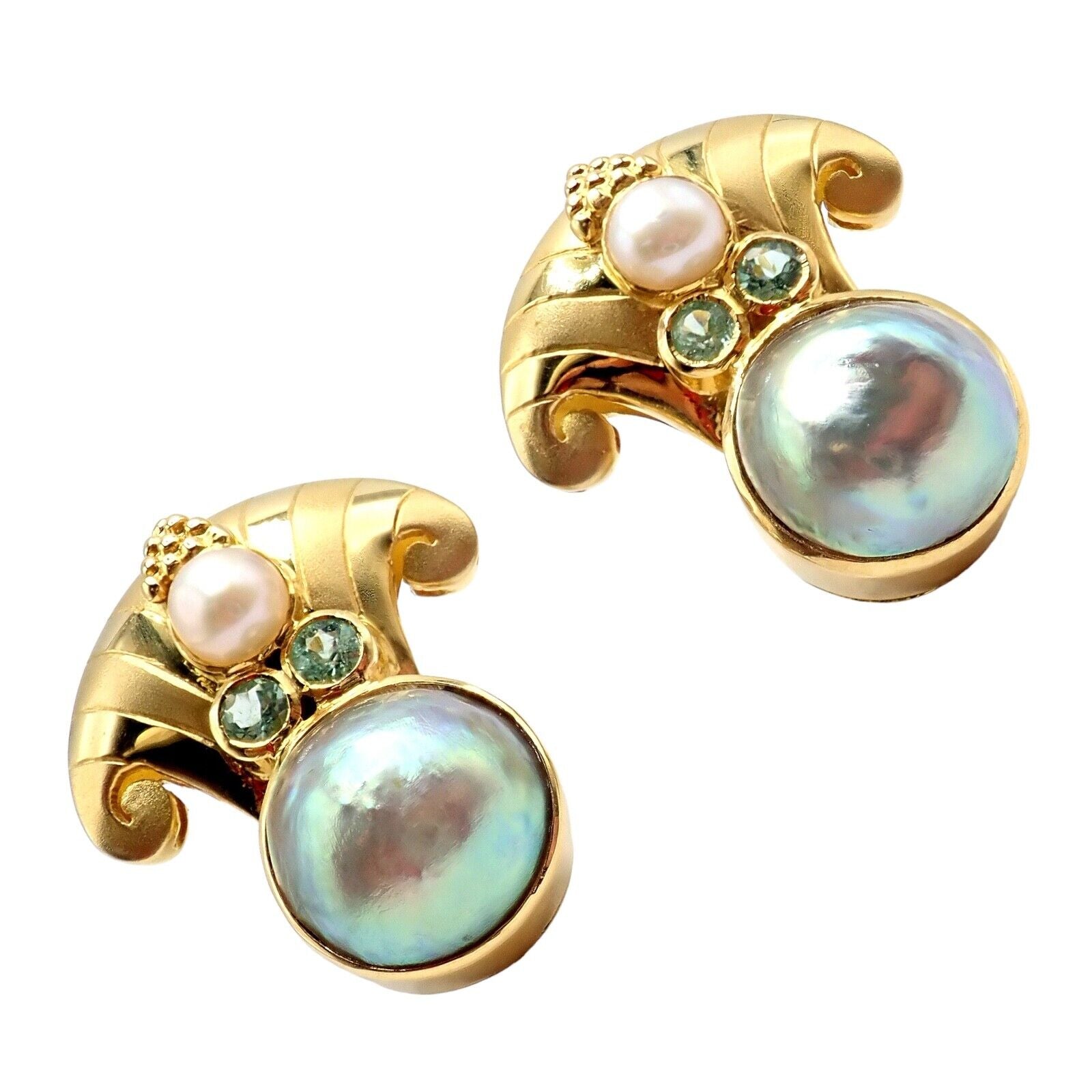 Rare! Vintage Paula Crevoshay 18k Gold Abalone Pearl Blue Gemstone Earrings OOAK | Fortrove