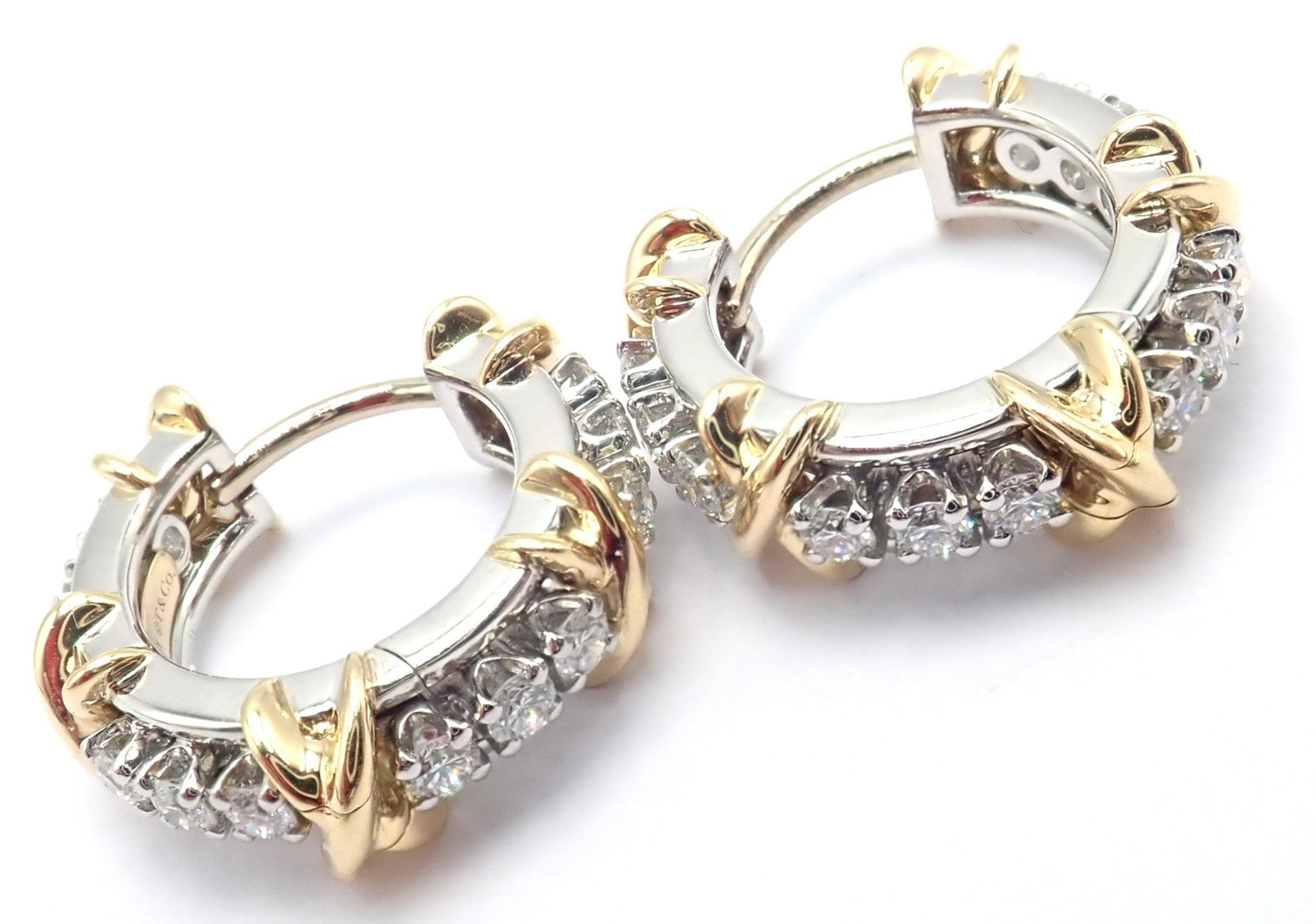 Tiffany & Co Schlumberger Sixteen Stone Plat Gold Diamond Narrow Hoop Earrings | Fortrove