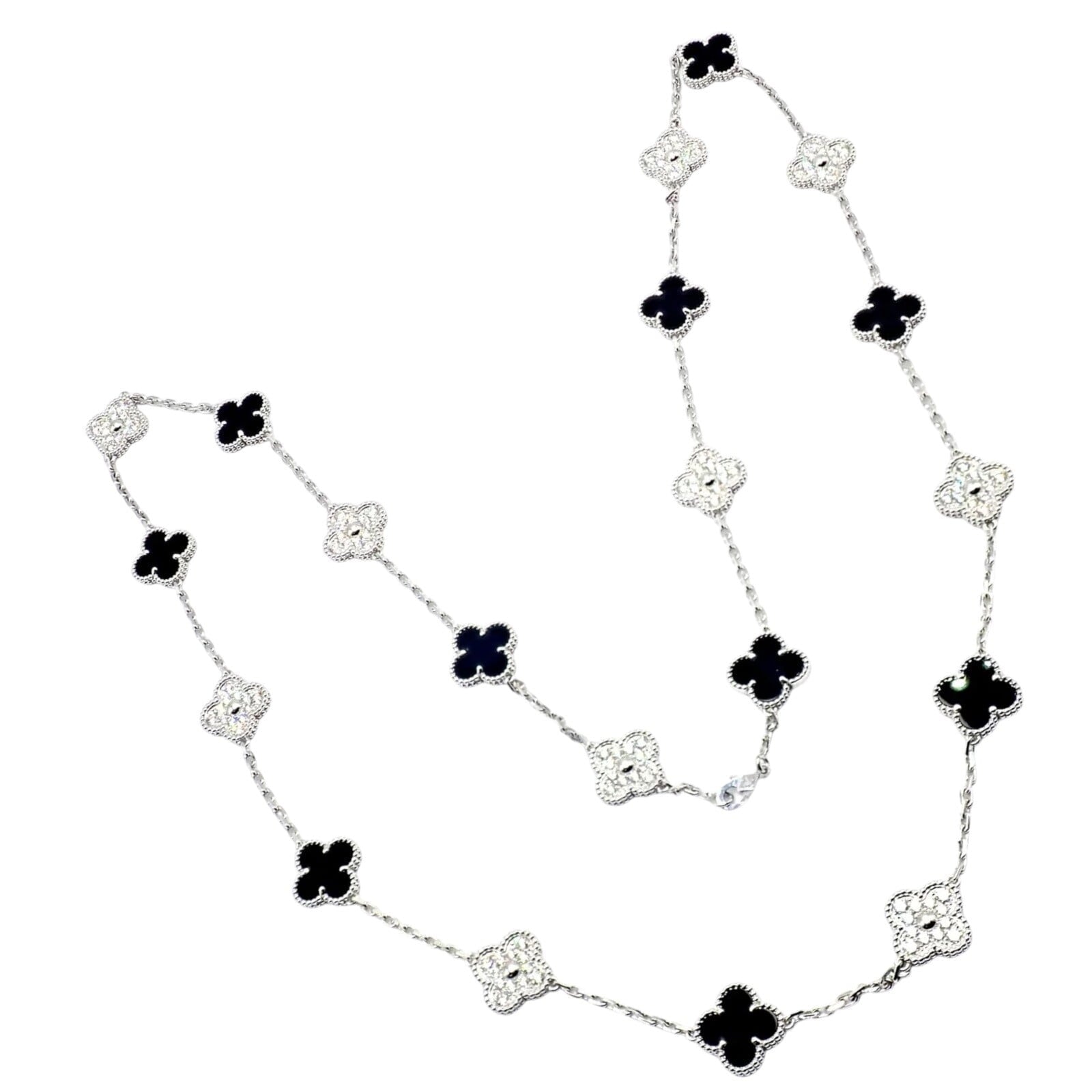 Van Cleef & Arpels Jewelry & Watches:Fine Jewelry:Necklaces & Pendants Van Cleef & Arpels 18k Gold 20 Motif Vintage Alhambra Diamond Onyx Necklace Cert