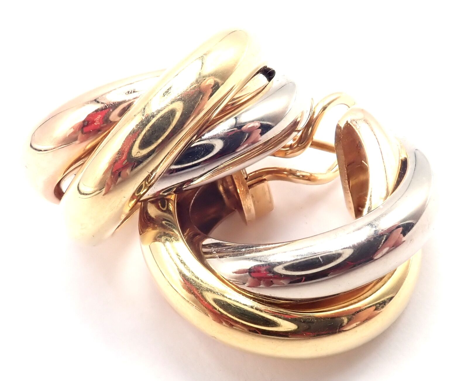 Authentic! Cartier 18k Tri-Color Gold Medium Size Trinity Hoop Earrings | Fortrove