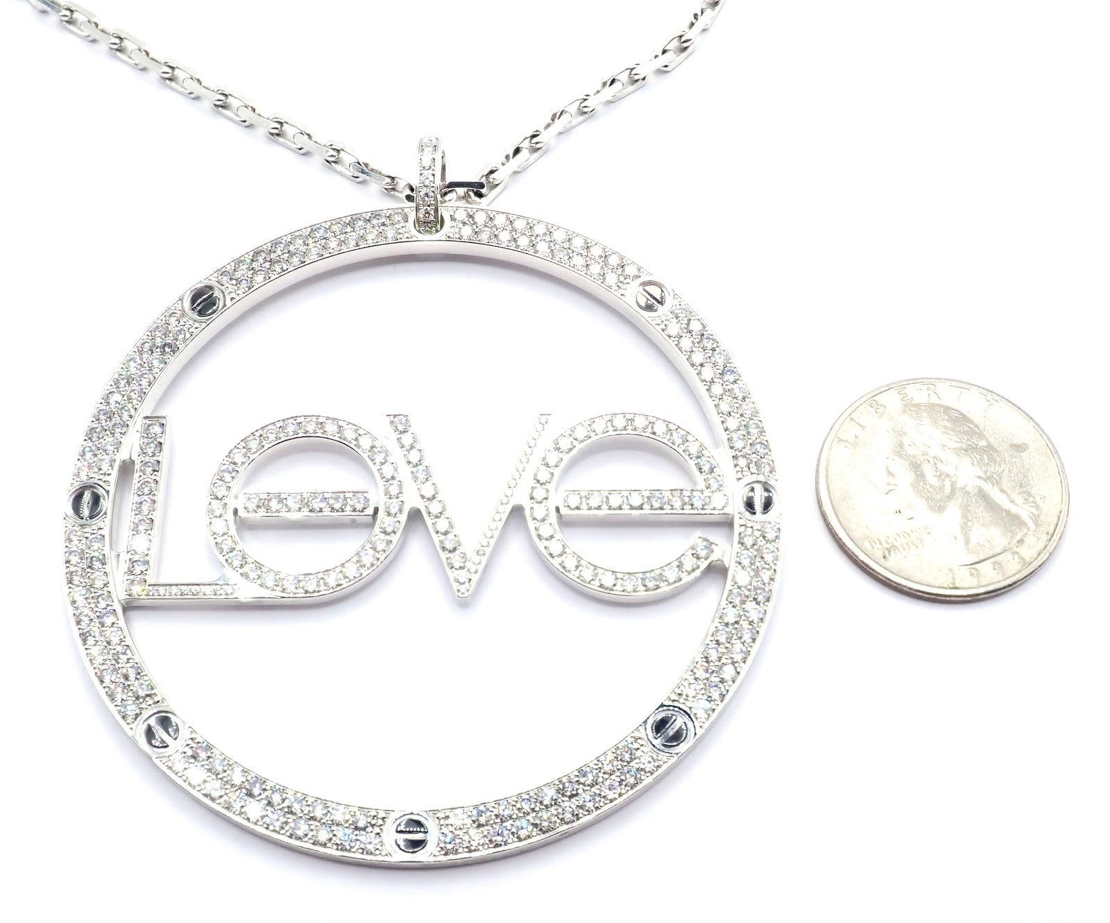 Authentic! Cartier 18k White Gold Diamond Ceramic Large Love Pendant Necklace | Fortrove
