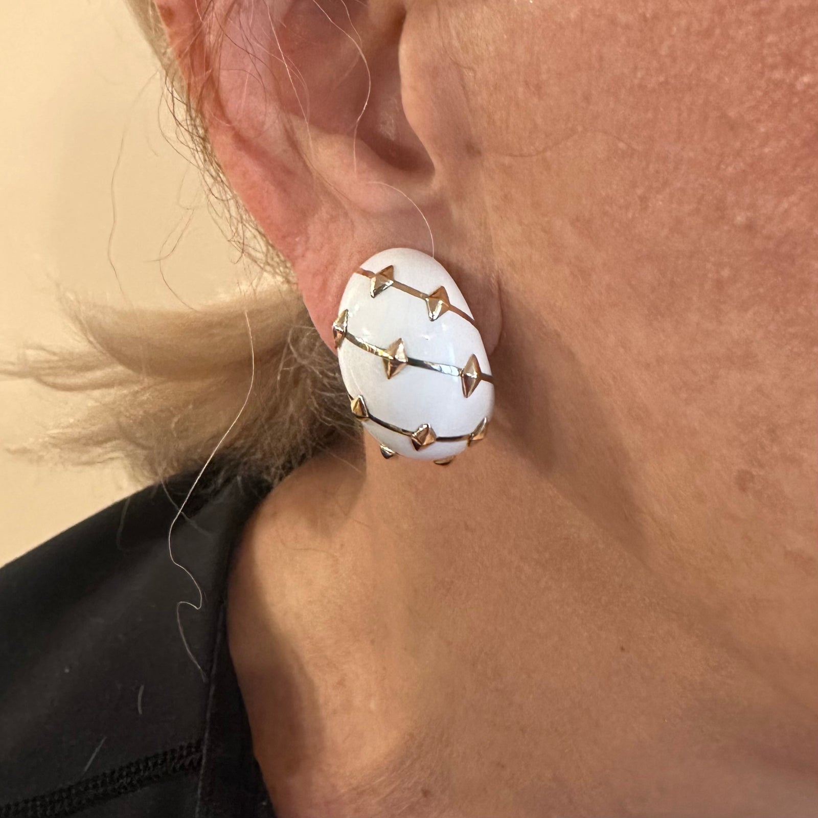 Tiffany & Co Schlumberger Dot Losange 18k Yellow Gold White Enamel Hoop Earrings | Fortrove