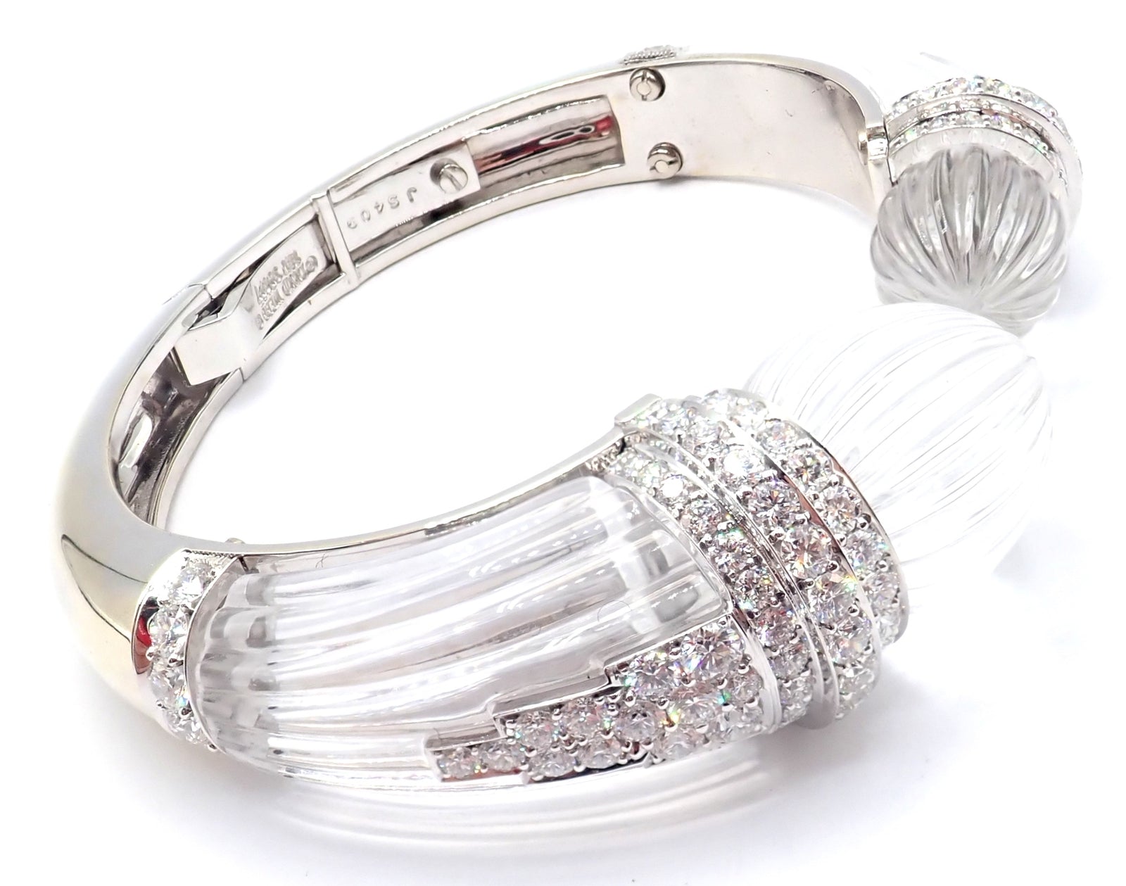 Authentic! David Webb 18k Gold & Platinum Diamond Rock Crystal Bangle Bracelet | Fortrove