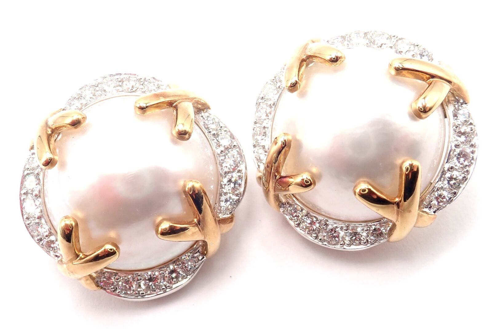 Authentic! Vintage Verdura 18k Yellow Gold Mabe Pearl Diamond Large Earrings | Fortrove