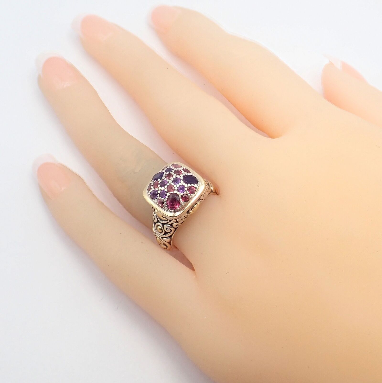 John Hardy JH Silver 18k Yellow Gold Classic Lava Fire Amethyst Tourmaline Ring | Fortrove
