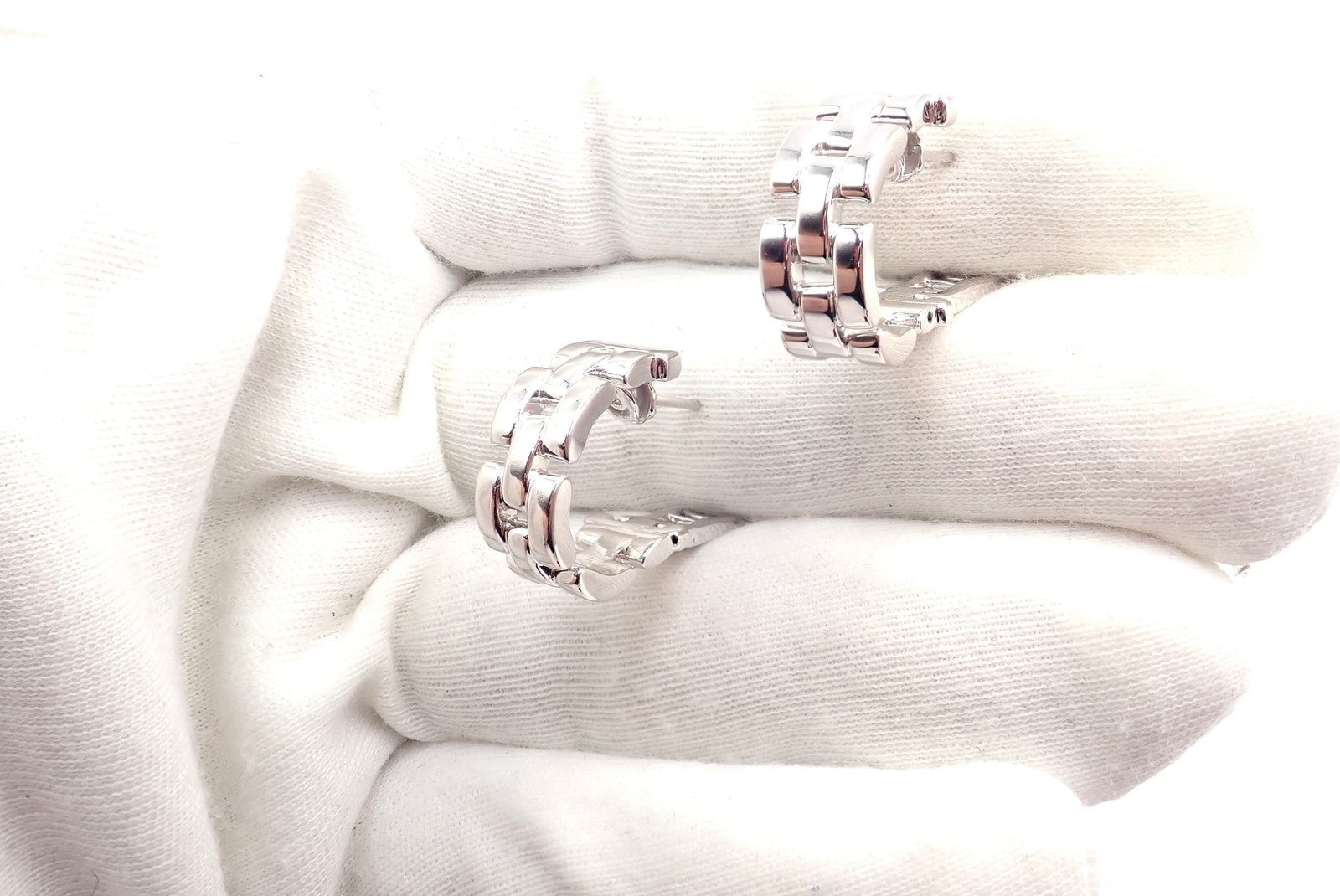 Authentic! Cartier Maillon Panthere 18K White Gold Three Row Link Hoop Earrings | Fortrove