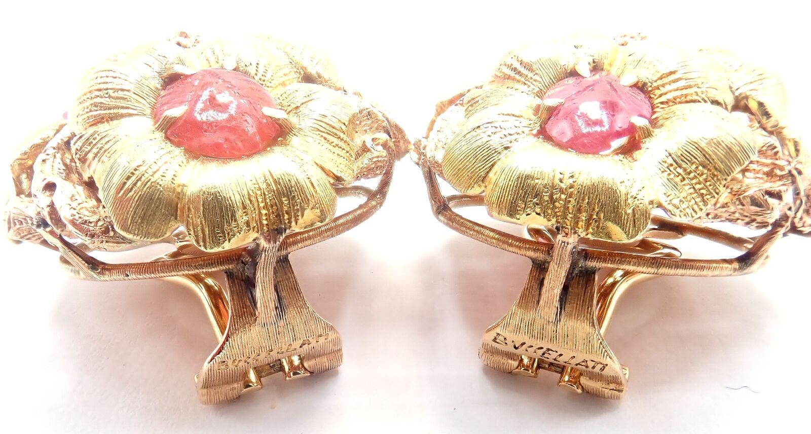 Authentic! Vintage Buccellati 18k Yellow Gold Carved Ruby Flower Earrings | Fortrove