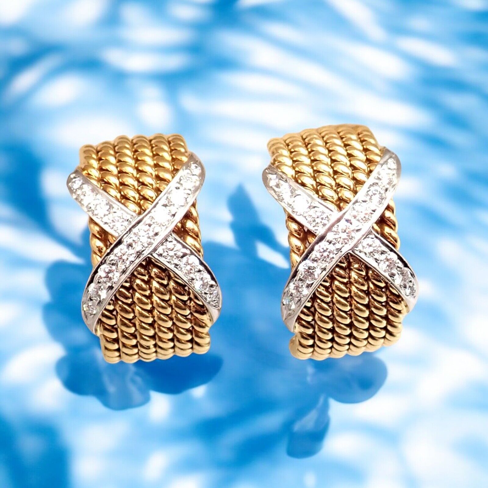 Tiffany & Co Schlumberger 18k Yellow Gold Platinum Diamond 6 Row Rope X Earrings | Fortrove