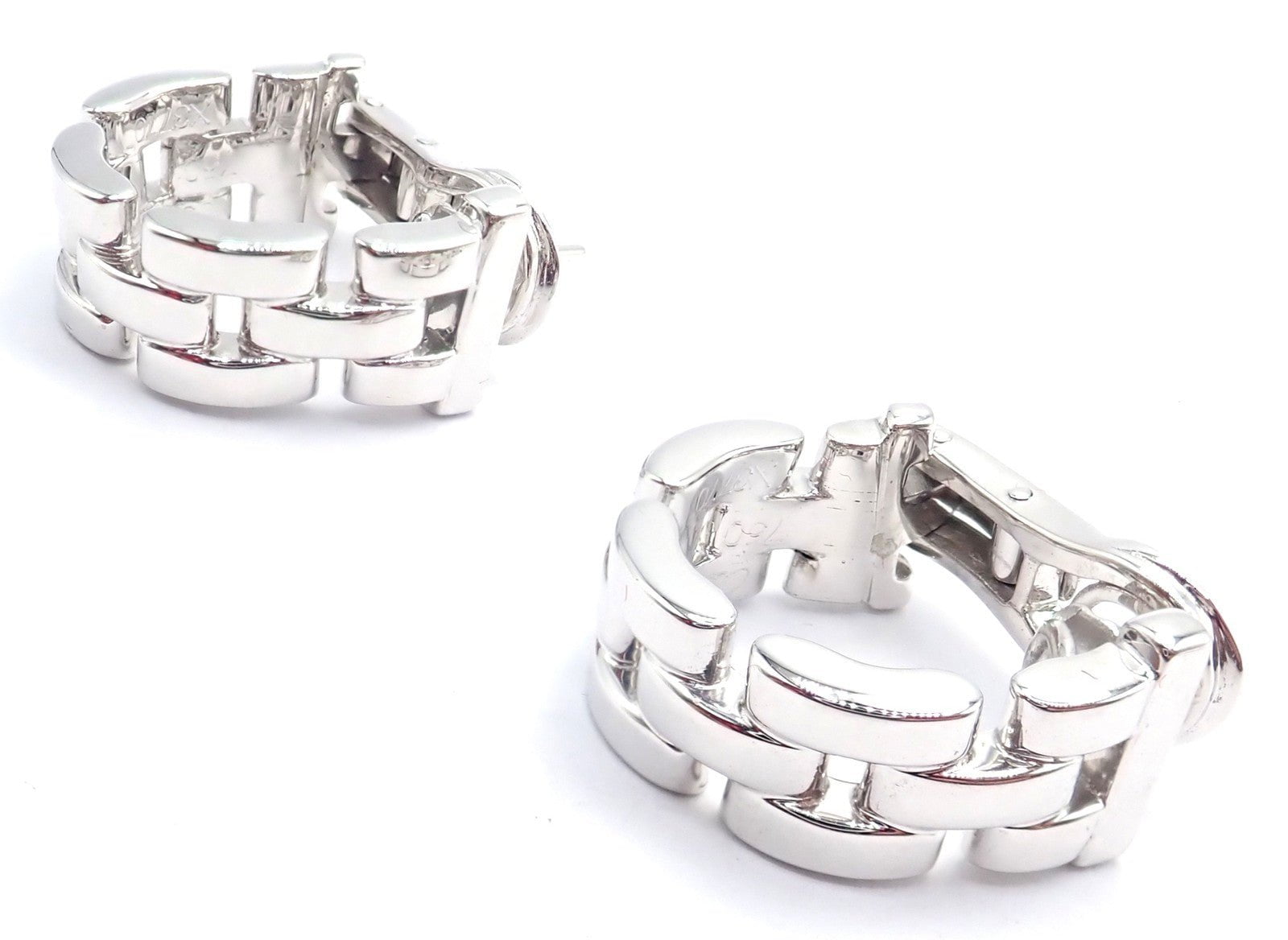 Authentic! Cartier Maillon Panthere 18K White Gold Three Row Link Hoop Earrings | Fortrove