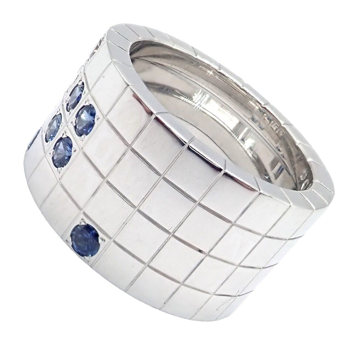 Cartier 18k White Gold Lanieres Diamond Blue Sapphire Wide Band Ring 53 6.5 | Fortrove