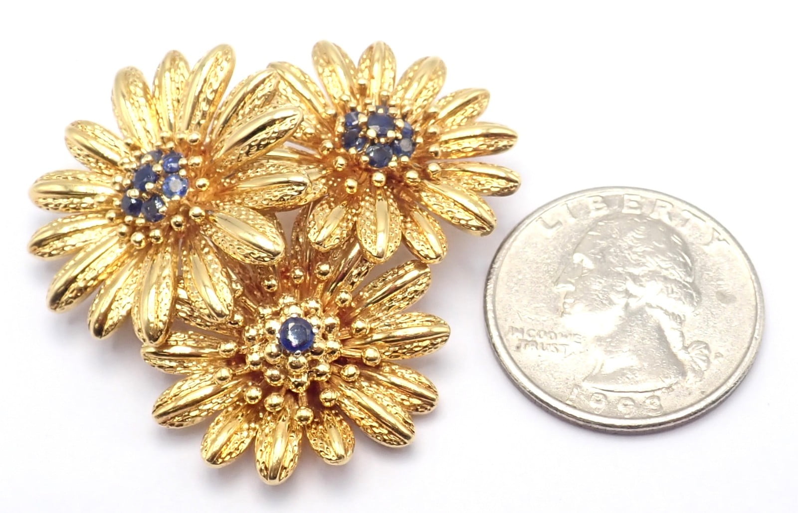 Vintage! Authentic Tiffany & Co. 18k Yellow Gold Sapphire Flower Pin Brooch | Fortrove