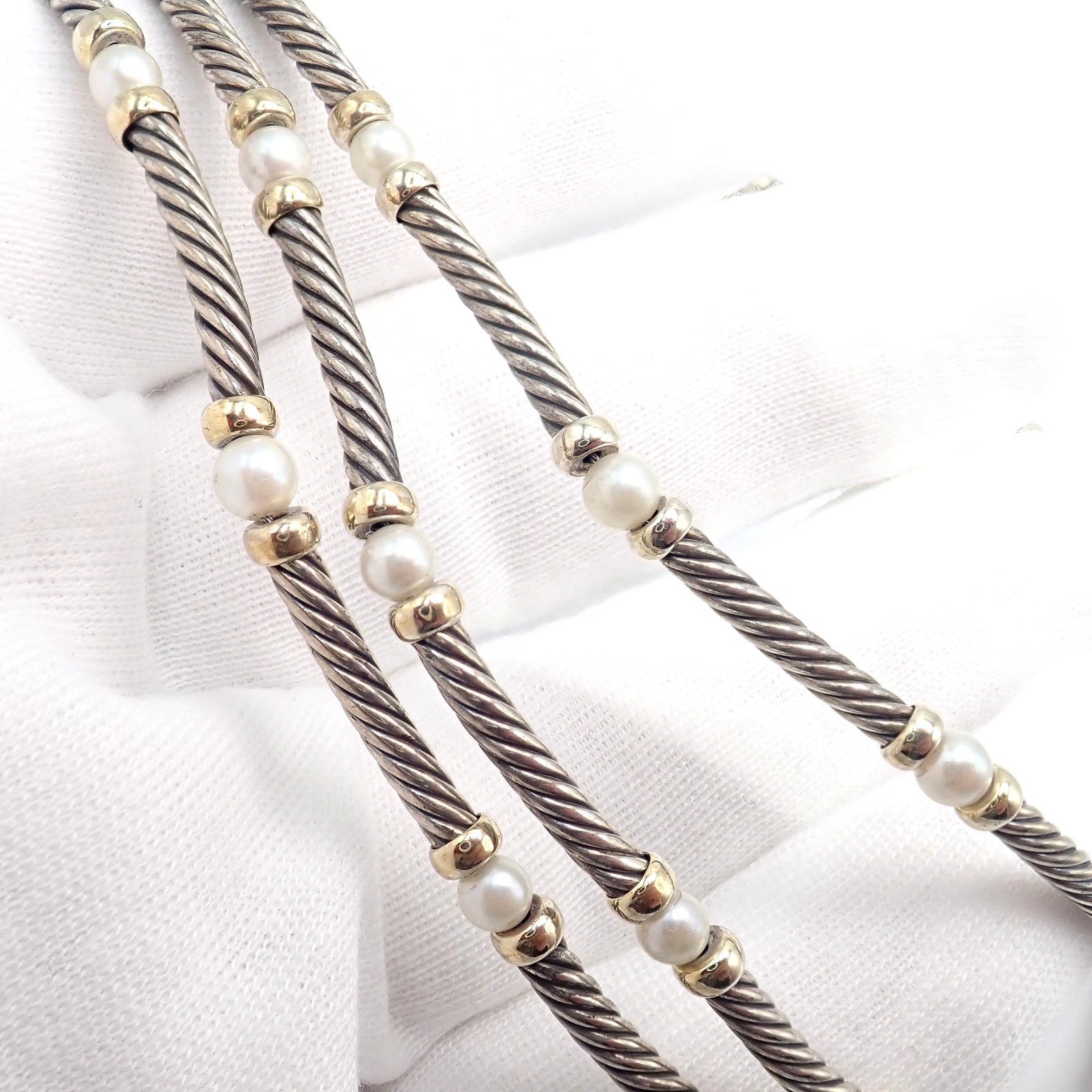 David Yurman DY Sterling Silver 14k Yellow Gold 3 Cable 3mm Pearl Necklace 15" | Fortrove