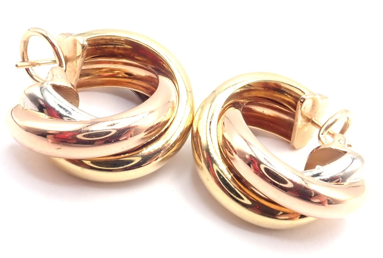 Authentic! Cartier 18k Tri-Color Gold Medium Size Trinity Hoop Earrings | Fortrove
