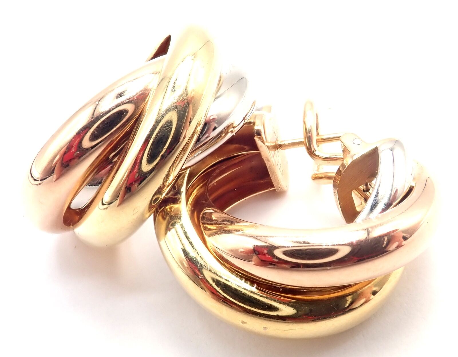 Authentic! Cartier 18k Tri-Color Gold Medium Size Trinity Hoop Earrings | Fortrove
