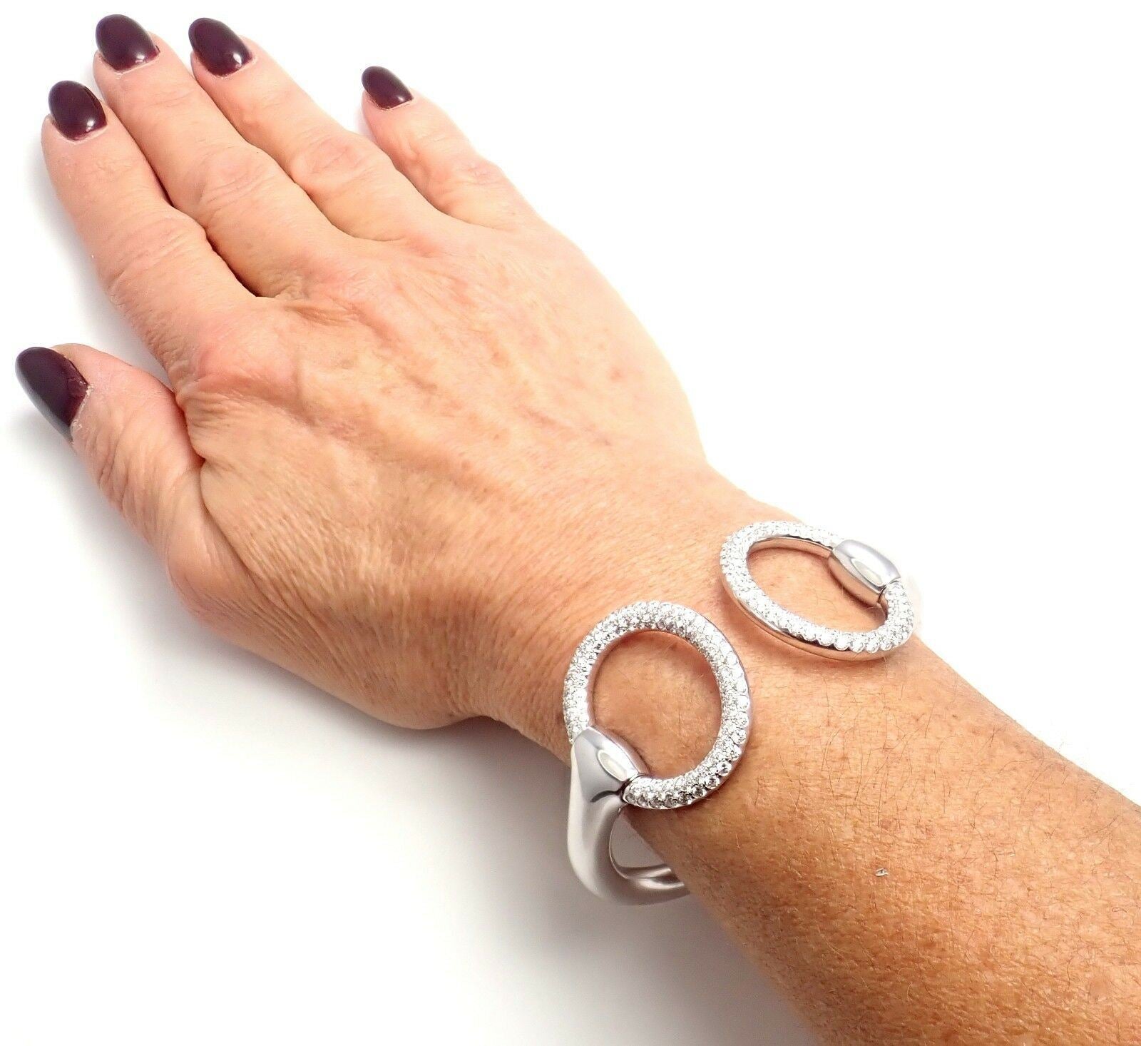 Authentic! Hermes Nausicaa 18K White Gold Diamond Horsebit Cuff Bangle Bracelet | Fortrove