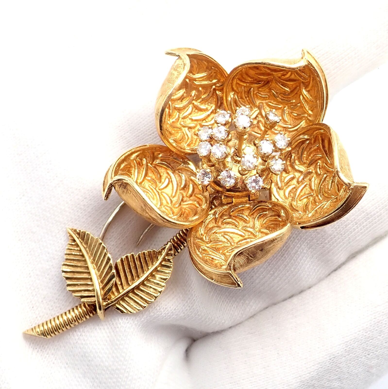 Hammerman Brothers 18k Yellow Gold Diamond Rose Flower Night & Day Brooch Pin | Fortrove