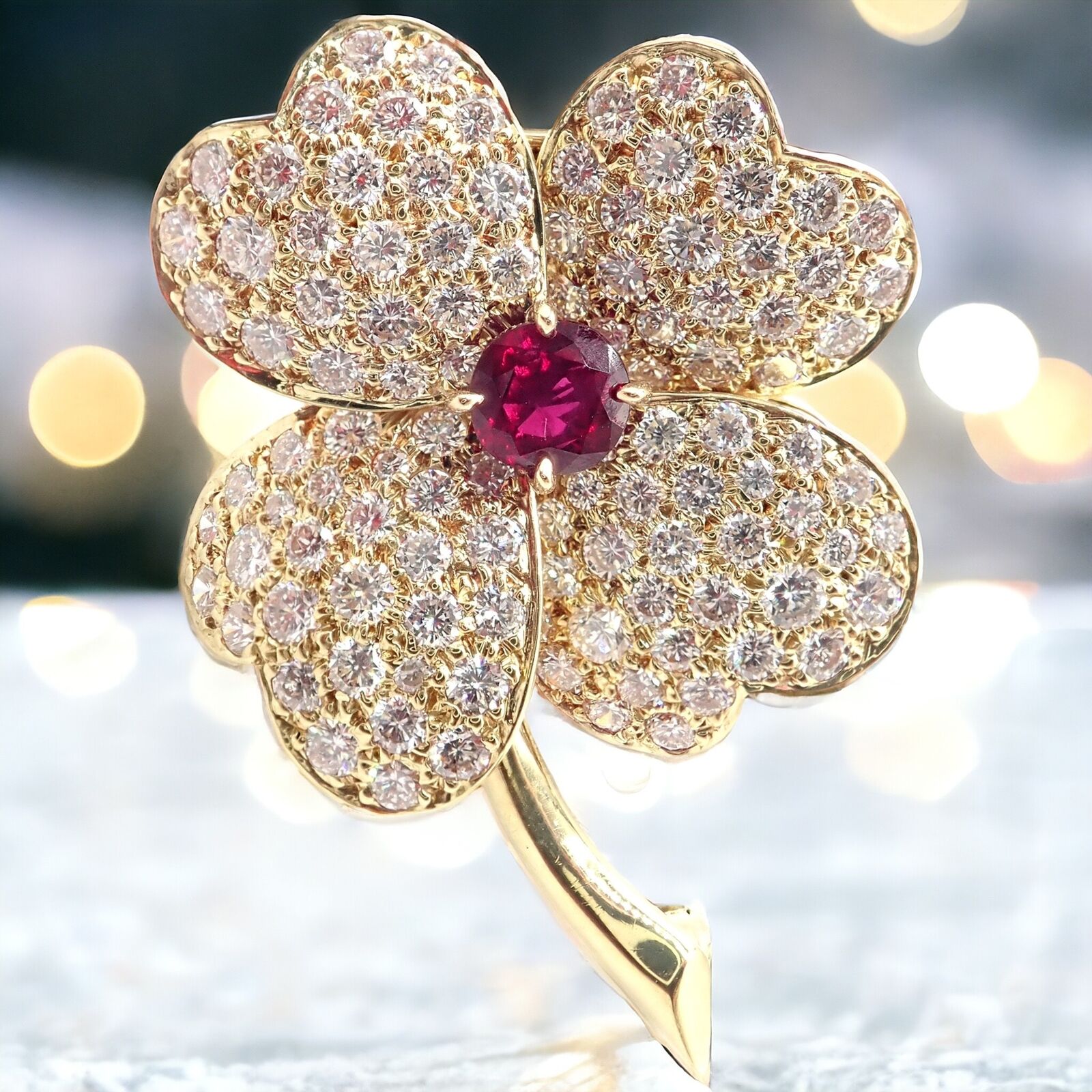 Vintage! Van Cleef & Arpels Cosmos 18k Yellow Gold Diamond Ruby Brooch Pendant | Fortrove