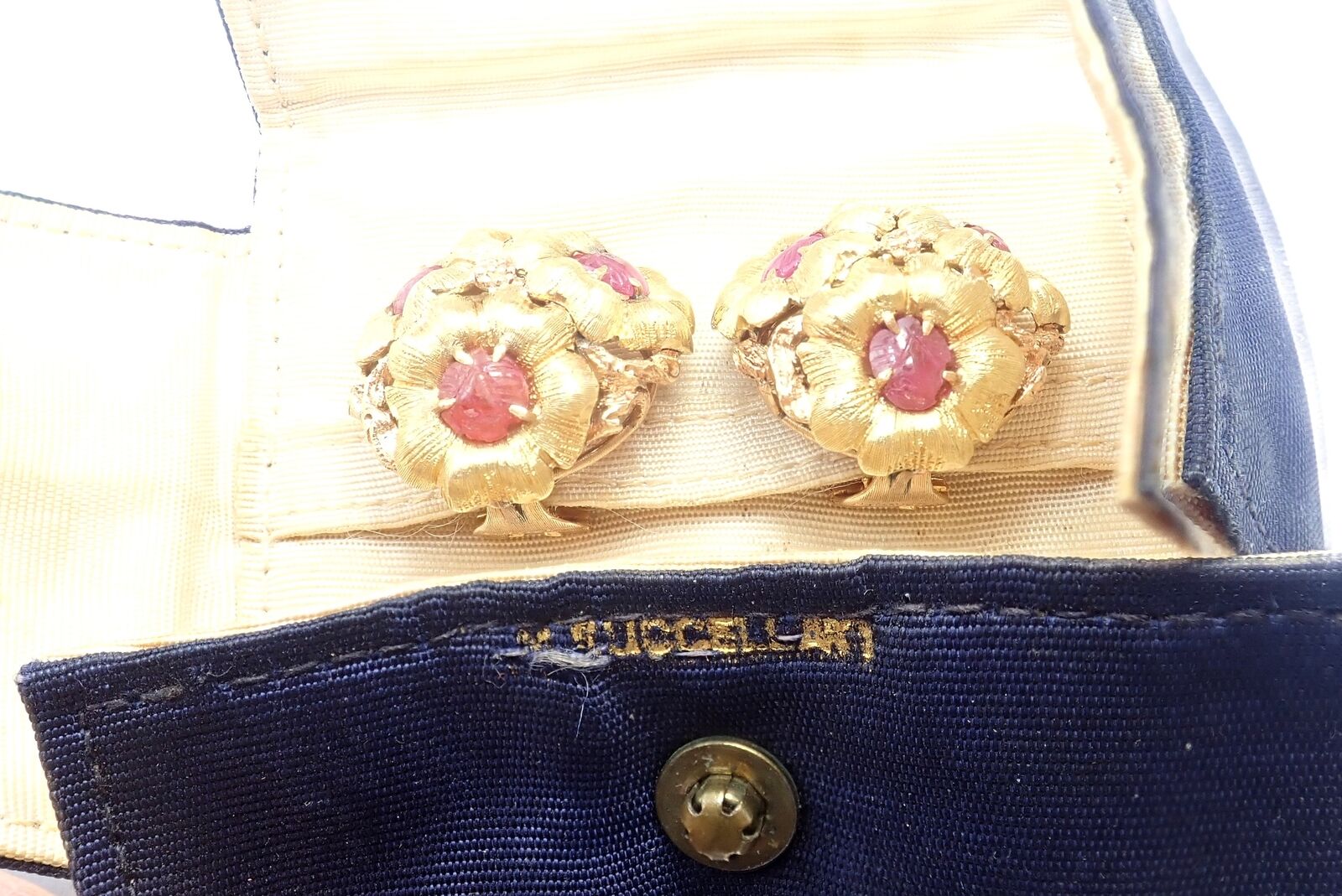 Authentic! Vintage Buccellati 18k Yellow Gold Carved Ruby Flower Earrings | Fortrove