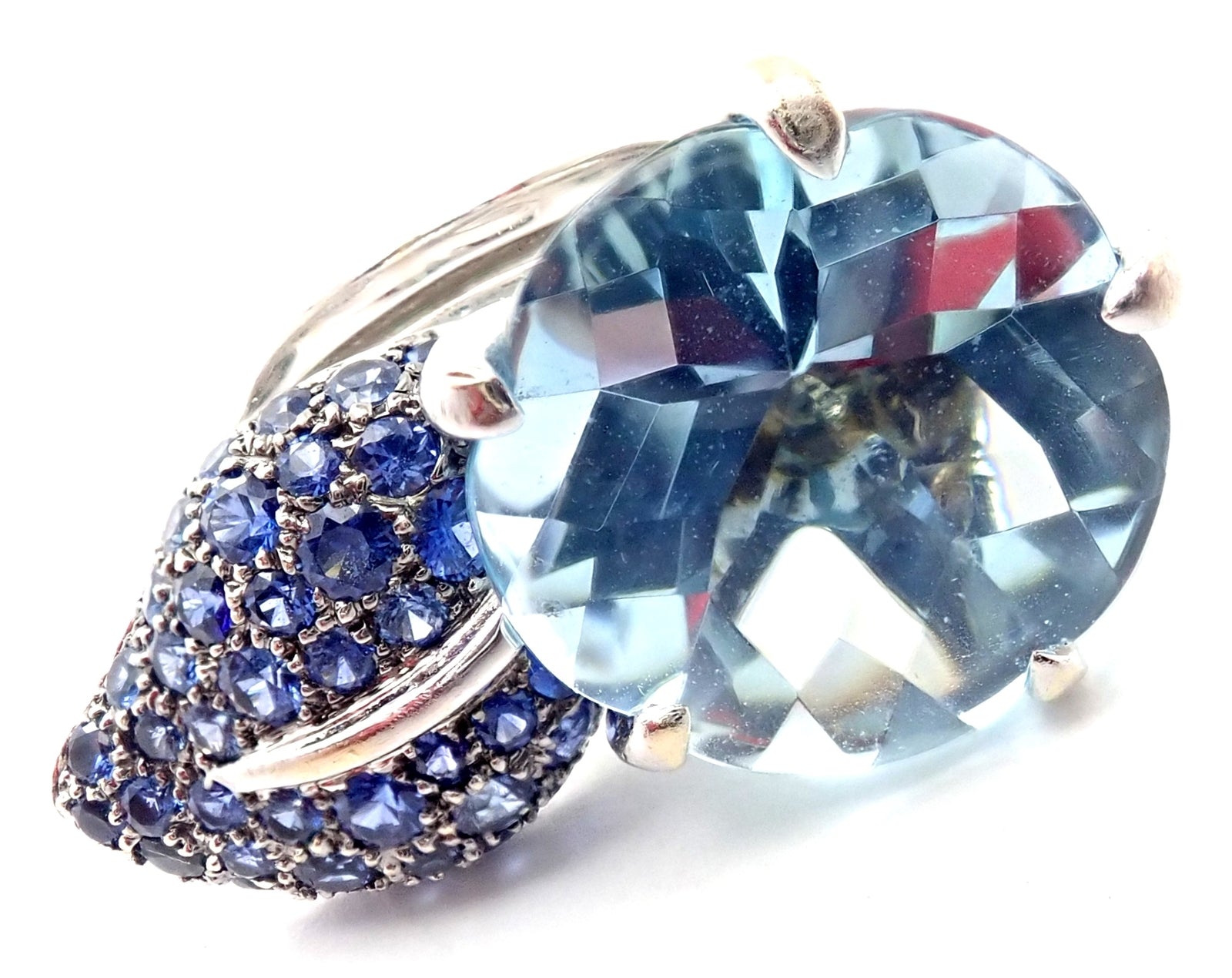 Authentic! Chanel Camellia Flower 18k White Gold Aquamarine Sapphire Ring | Fortrove