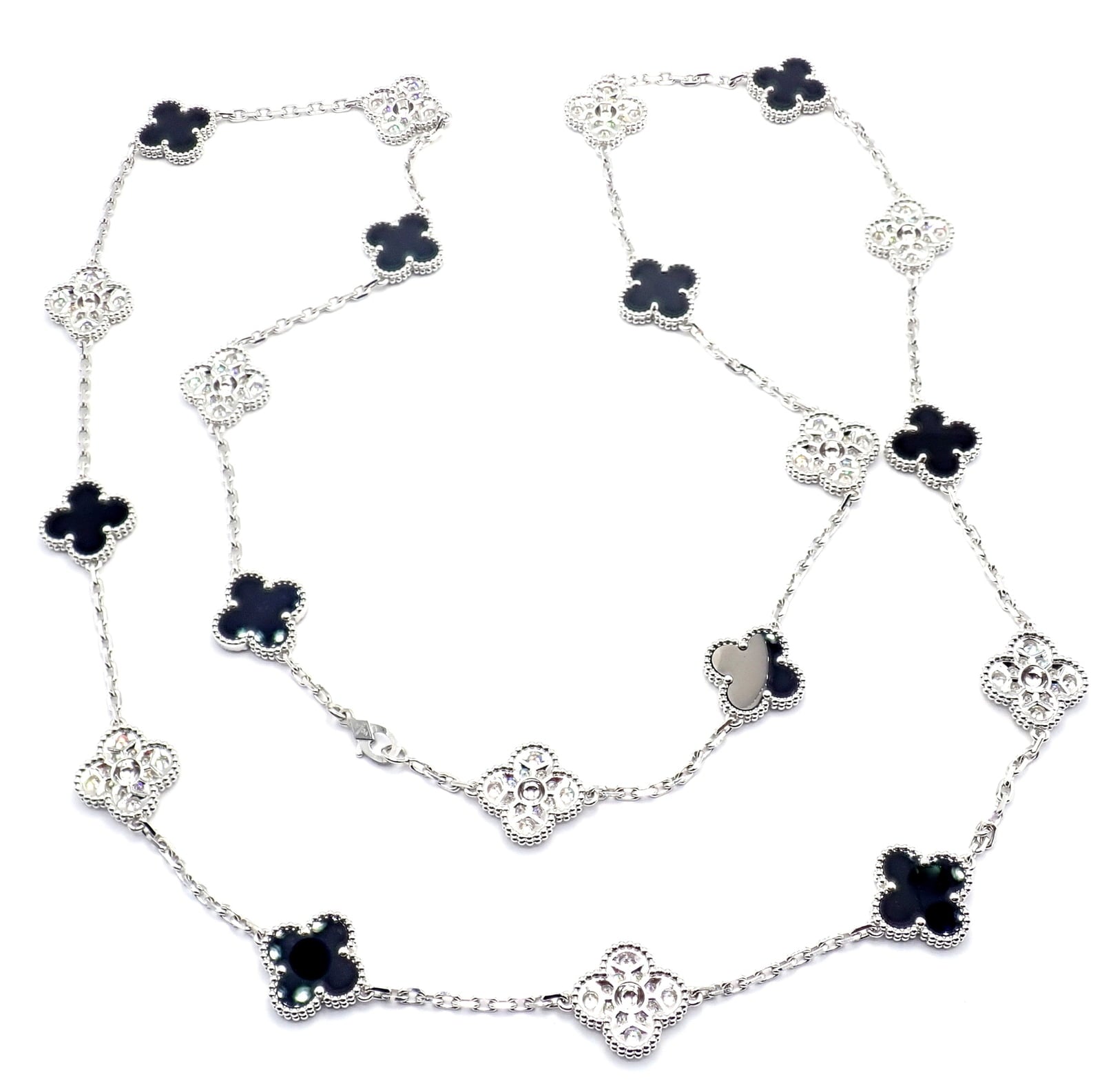 Van Cleef & Arpels Jewelry & Watches:Fine Jewelry:Necklaces & Pendants Van Cleef & Arpels 18k Gold 20 Motif Vintage Alhambra Diamond Onyx Necklace Cert